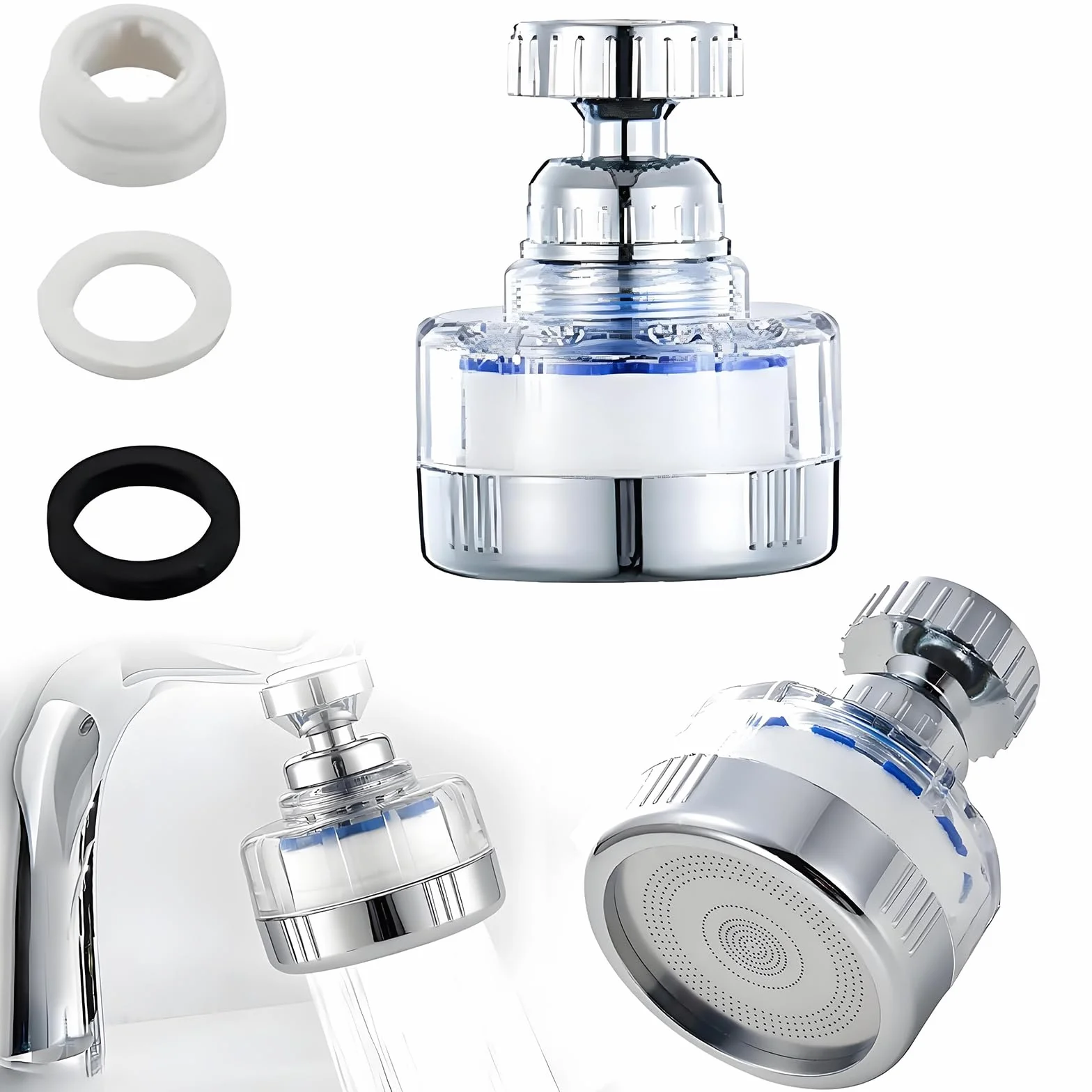 Filtre à eau Robinet Anti Calcaire avec 6 éléments Filtrants en coton PP, Tête de Pulvérisateur Rotatif 360°
