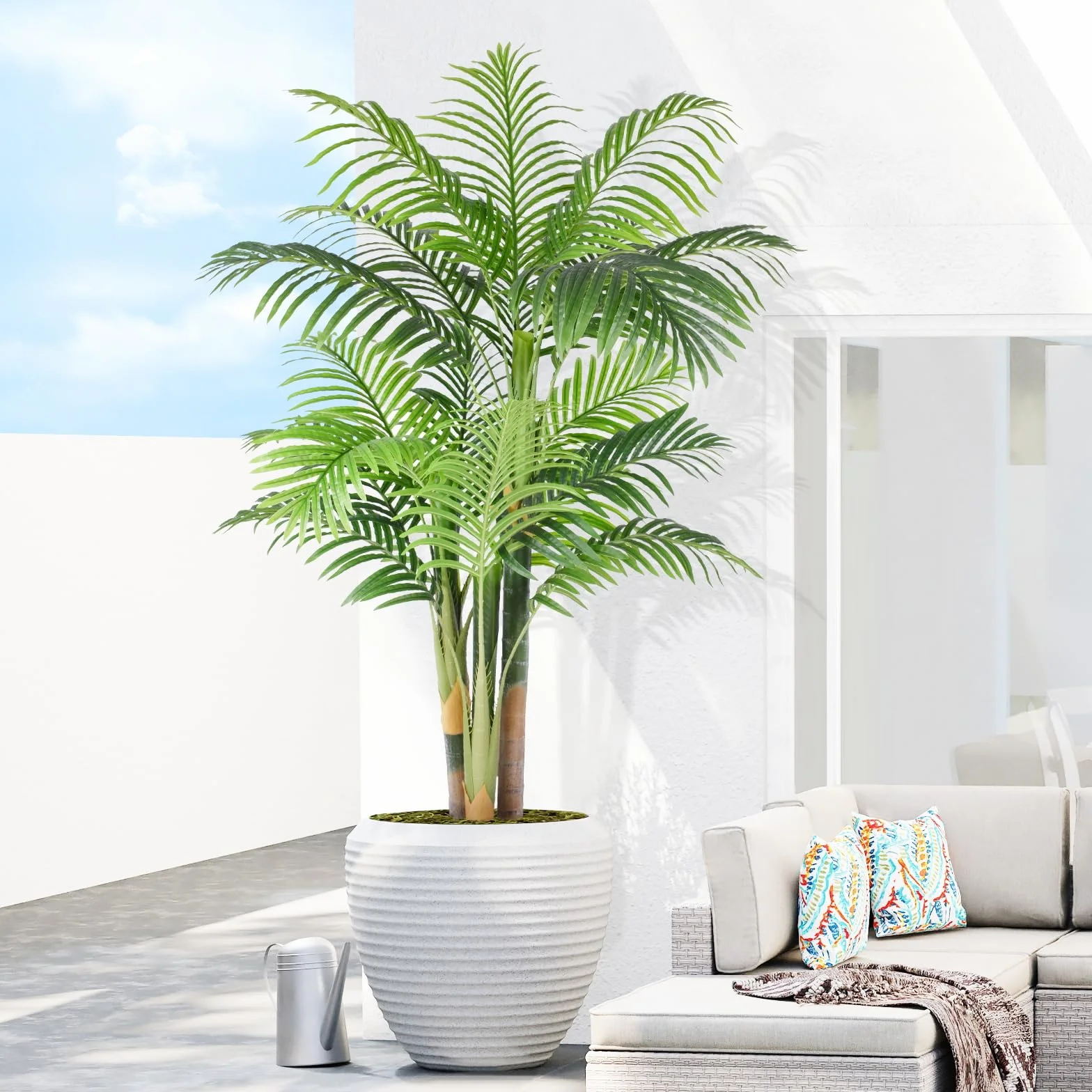 Palmier Artificiel Triple Doré 150cm Haute, Arbre Artificiel Exterieur Décoration Maison Jardin