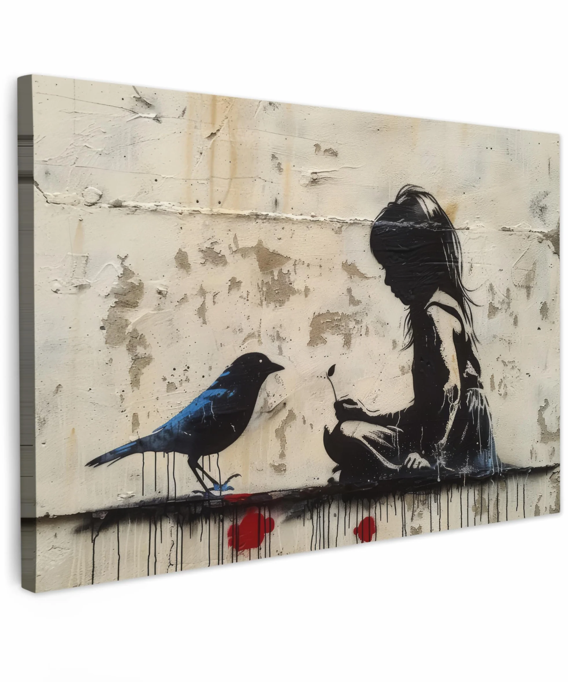 Banksy MuchoWow Tableau Mural 60x40 cm Toile Street Art Fille Oiseau Graffiti