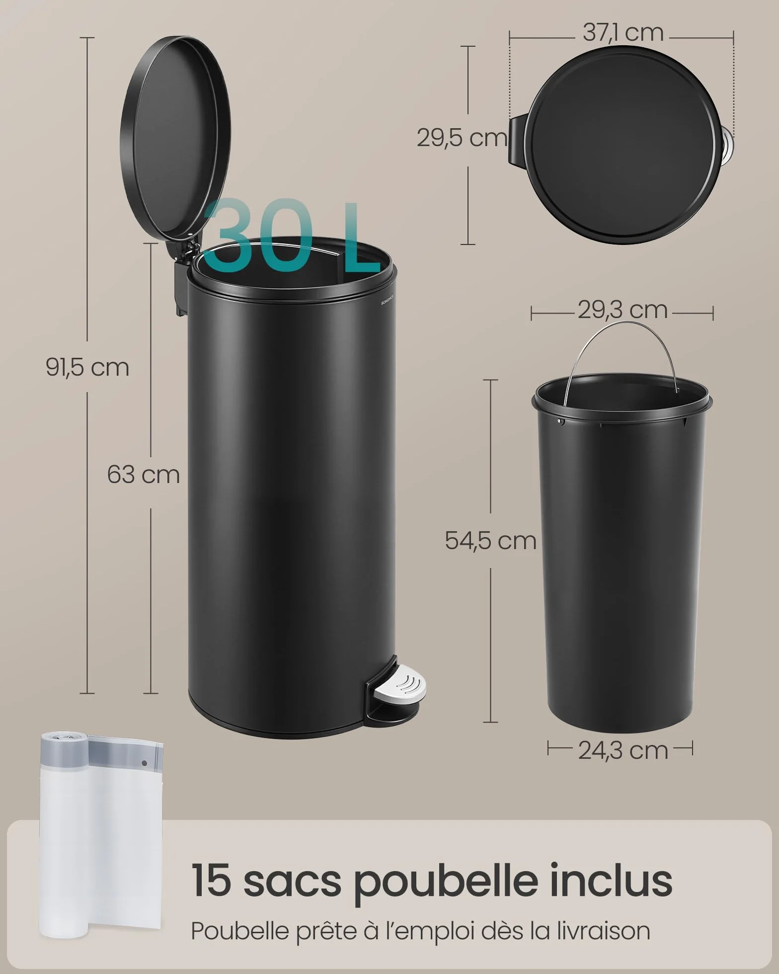 SONGMICS Poubelle 30 L Rond, Acier, Noir d'Encre, Pédales en Métal, Seau Amovible