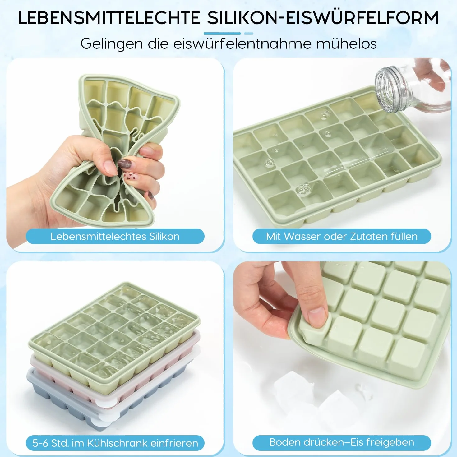 Lot de 3 bacs à glaçons carrés en silicone avec couvercle 24 compartiments Sans BPA