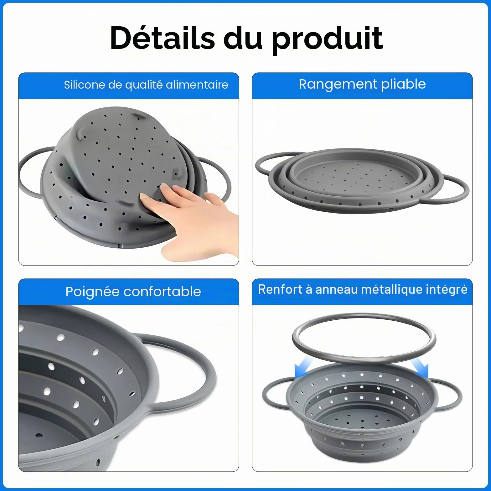 Passoire Pliable en Silicone 28 cm Sans BPA Cuisine Camping Gris