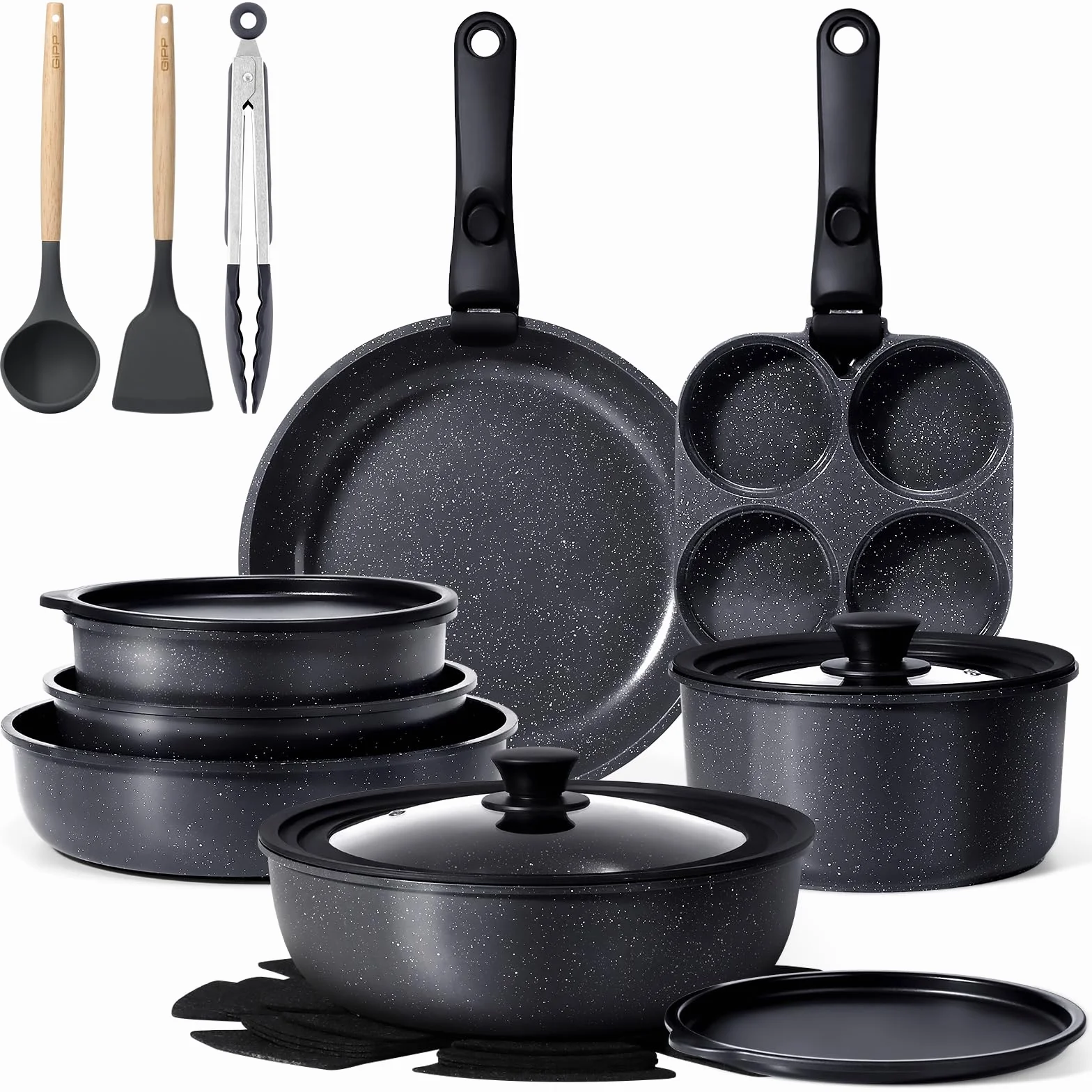GiPP Poêles et Casseroles Antiadhésives Granit 21PCS Amovible Tous Feux Noir