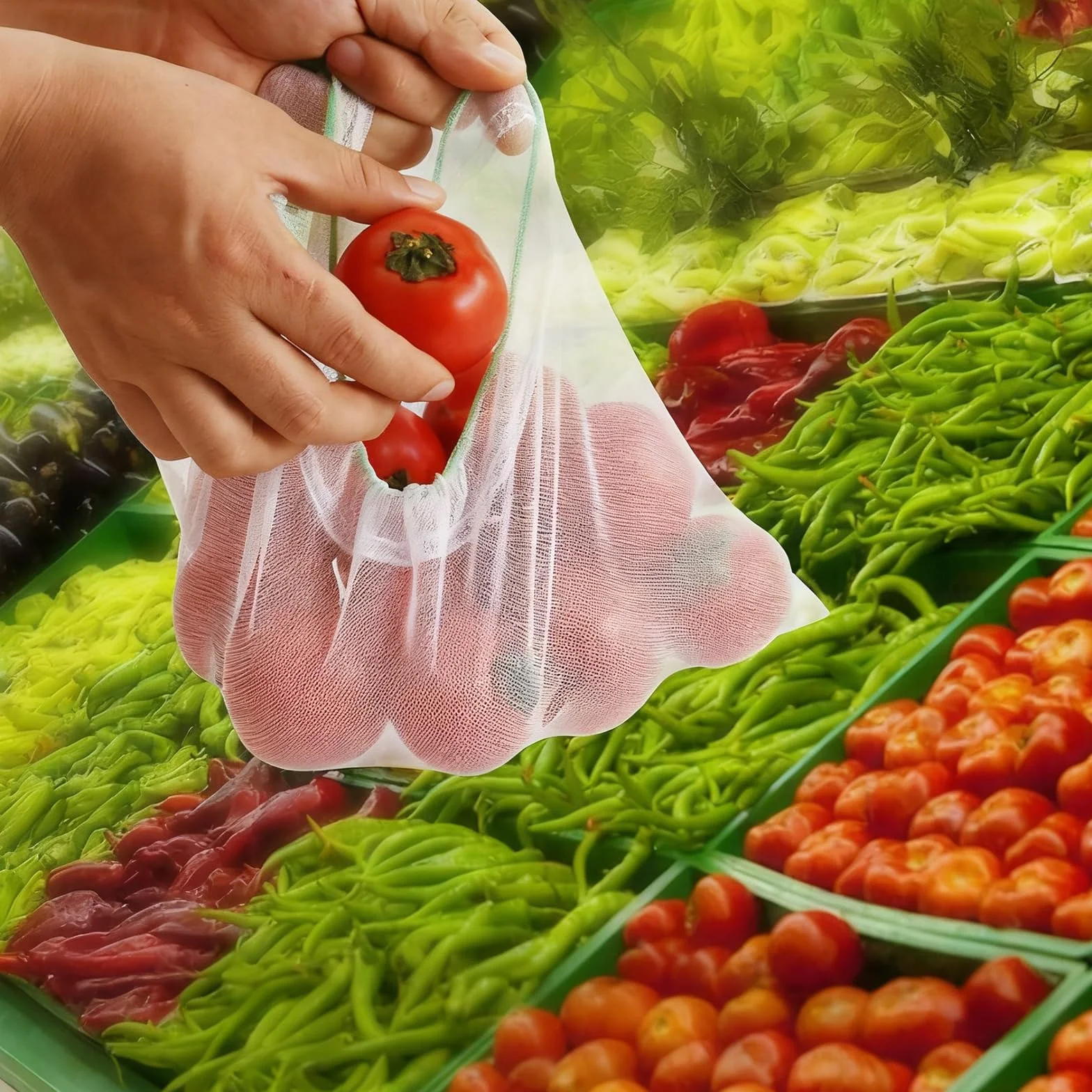Sacs de Rangement réutilisables en Filet pour Fruits et Légumes avec Cordon de Serrage, 3 Tailles