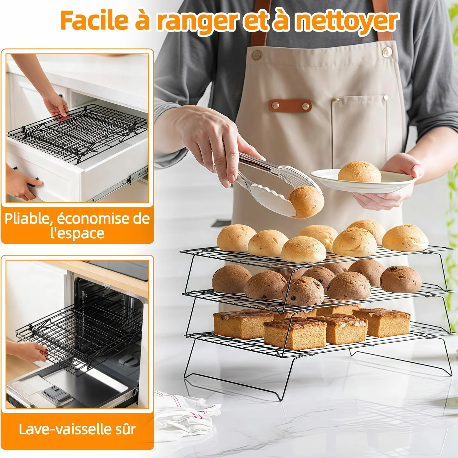 Grille de Refroidissement Pâtisserie Acier Carbone Antiadhésive 40x25 cm Pliable Empilable 3 Niveaux