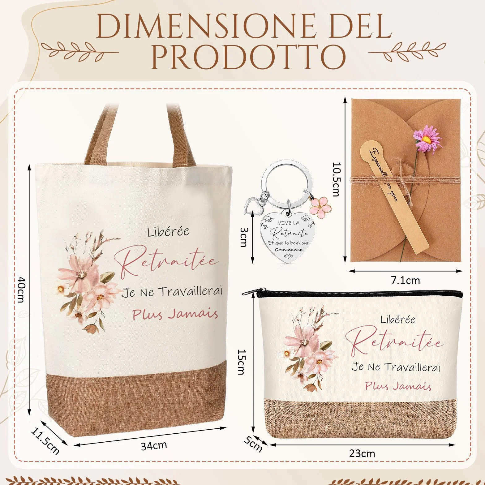 Cadeau Retraite Femme Sac à Main Tote Bag Trousse à Maquillage Pochette Cosmétique Porte-Clés Enveloppe avec Fleur