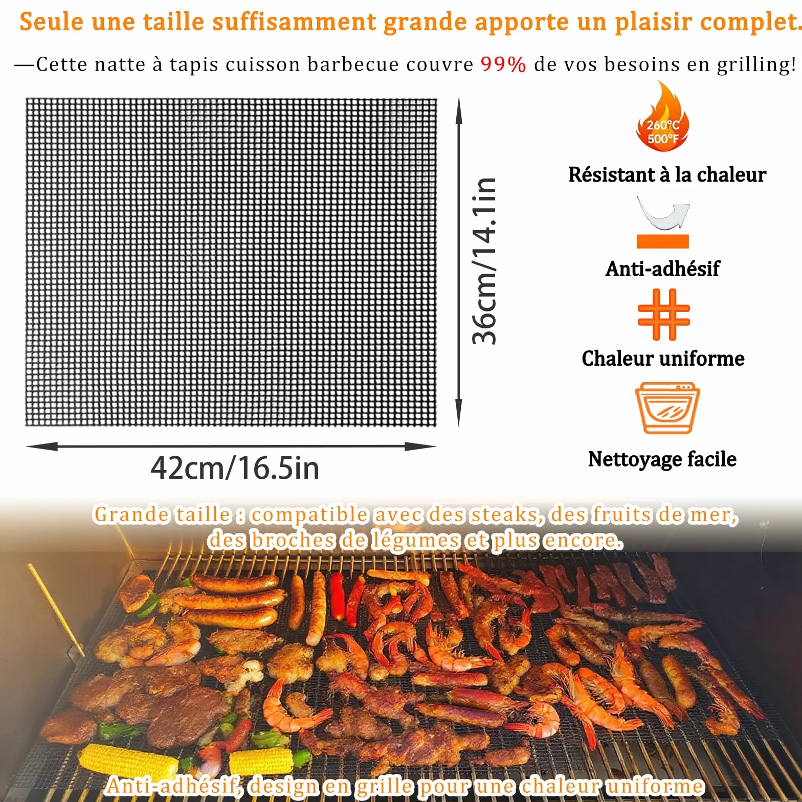 Grille Barbecue découpable 42x36 cm Tapis de Cuisson Réutilisables Anti-adhésif pour Gril électrique Gaz Charbon