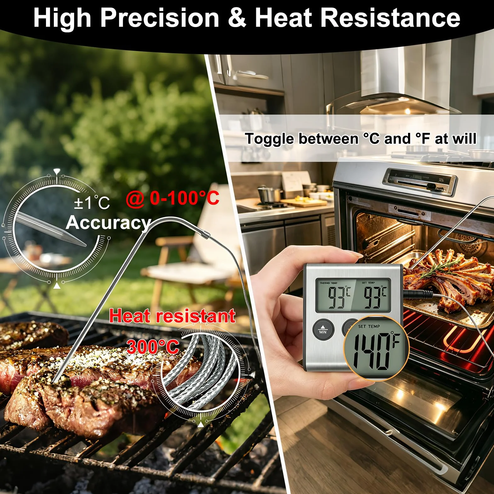 Thermomètre de Cuisson Numérique avec Grand Écran LCD, Sonde en Acier Inoxydable, Minuterie pour Four, Gril et Barbecue