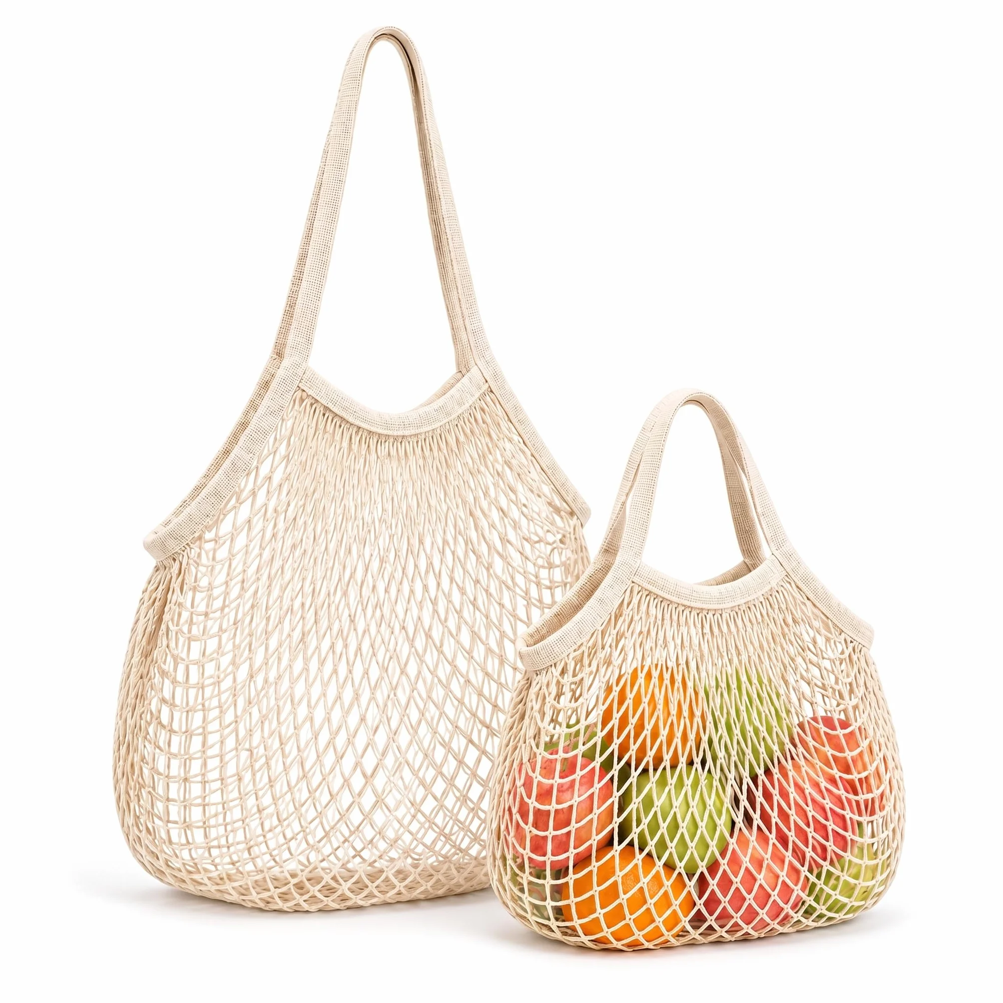 Sacs Filet Réutilisables Lot de 2, Grand Sac Anses Longues et Petit Sac Anses Courtes, Pliable pour Fruits Légumes Pain Plage