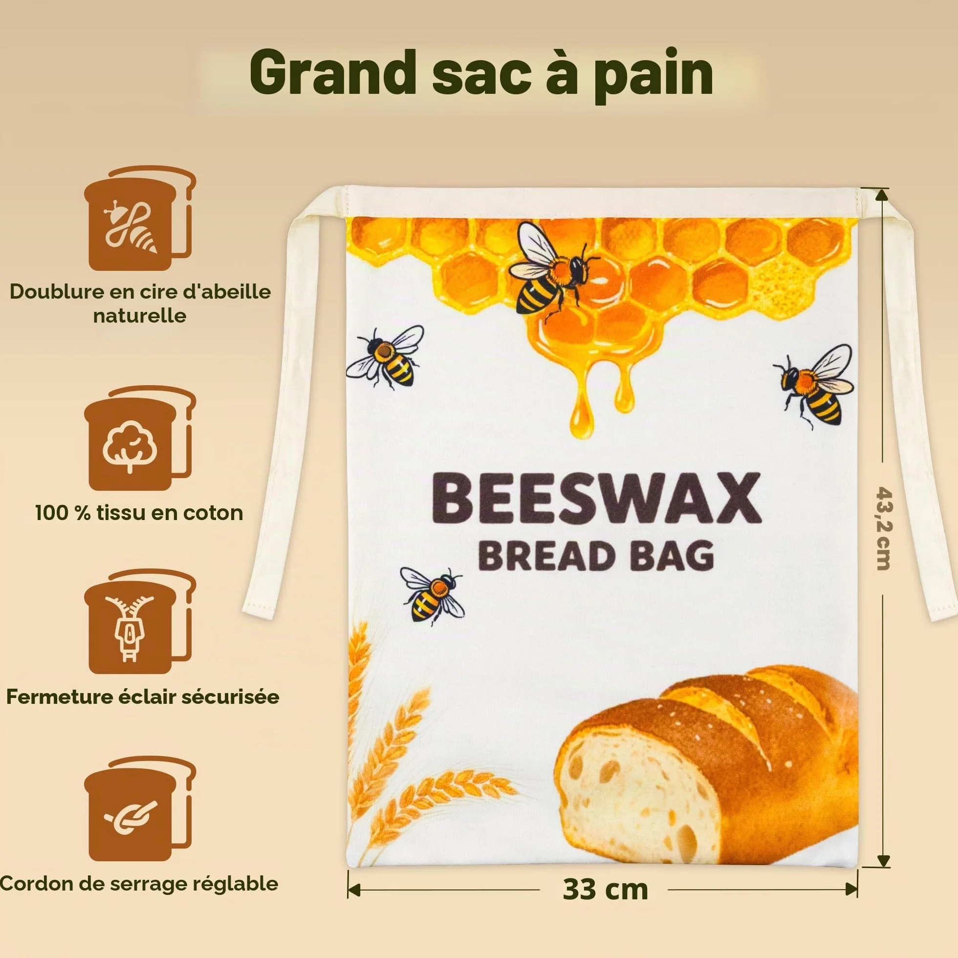OHIYO Sacs à Pain en Cire D'abeille Réutilisables pour Conservation du Pain (2 Pièces)