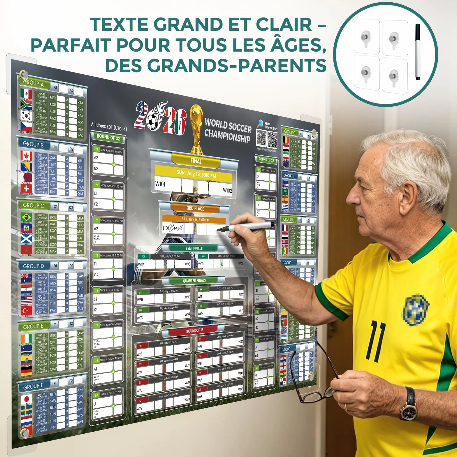 Calendrier Coupe du Monde 2026 QR code scores en direct 84.1x59.4 cm grand format police large Cadeau Fête des Pères