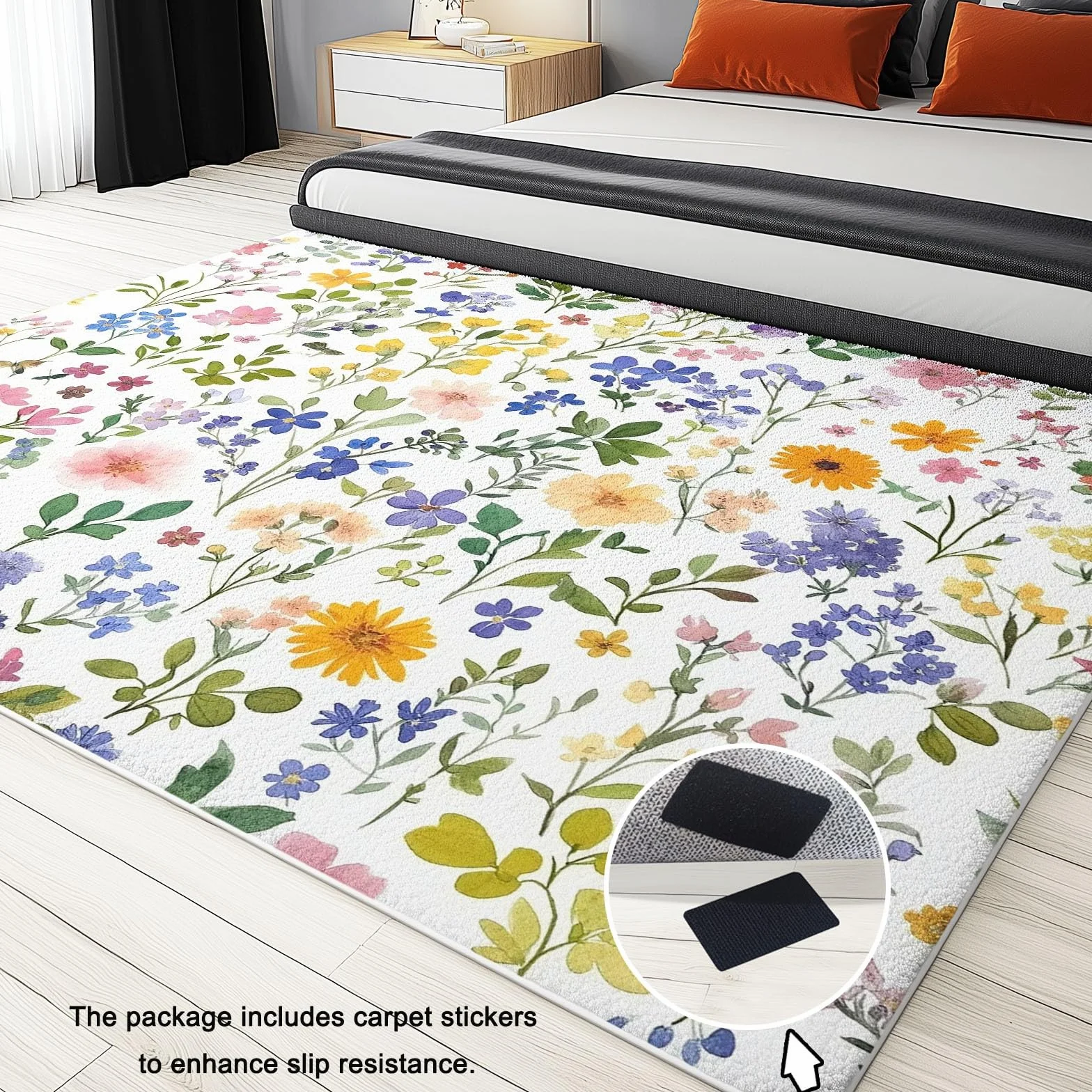 Tapis de Salon 80x150 cm Antidérapant Lavable en Machine Motif Aquarelle Fleurs Sauvages
