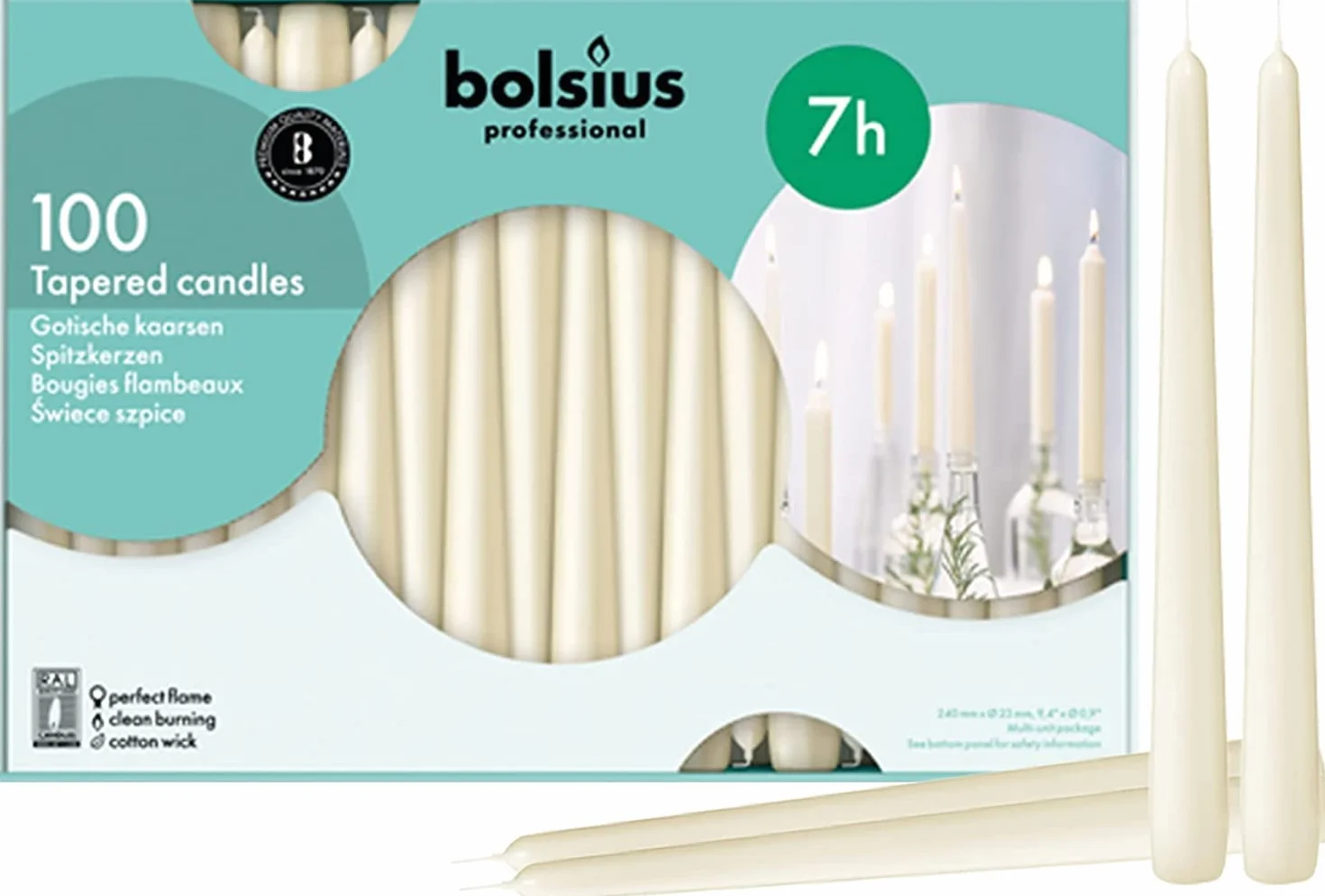 Bolsius Bougies coniques Ivoire 24,5 cm Durée de combustion 7 heures Sans goutte Boîte de 100