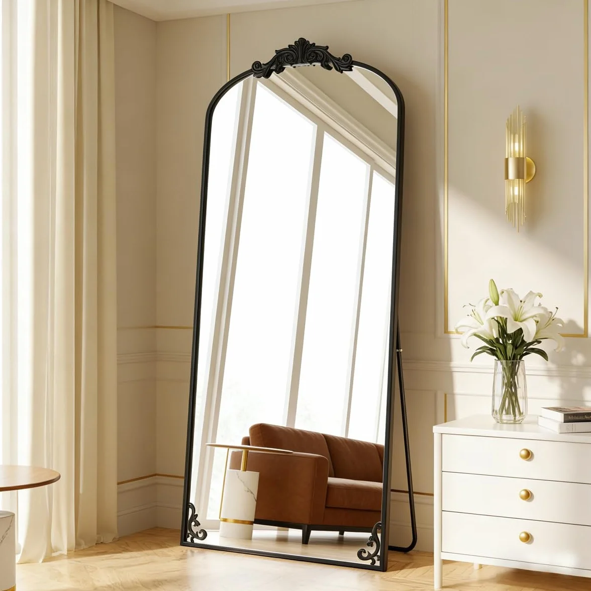 M&Catree Miroir Vintage Arc Pleine Longueur Mural Arqué Noir 179x69cm