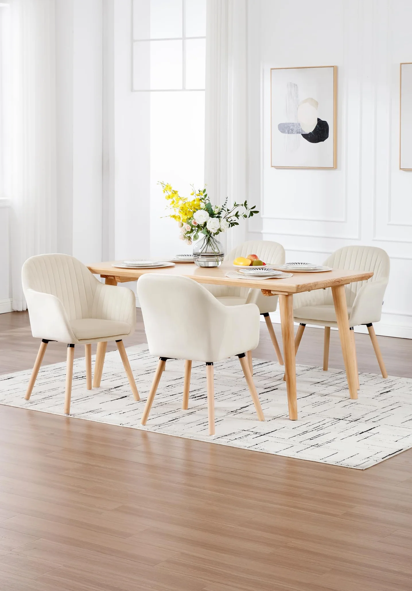 WOLTU Chaise de Salle à Manger en Velours, Pieds en Bois Massif, Charge Max. 150 kg, Crème Blanc
