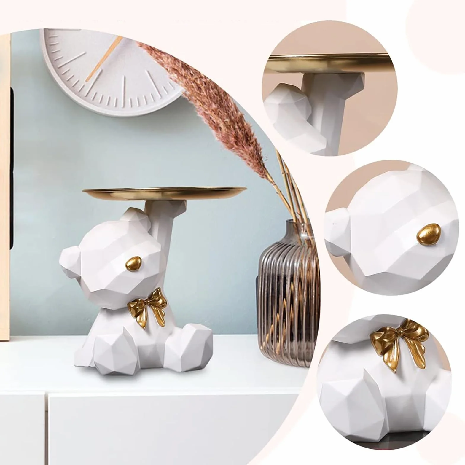 Sculpture d'Ours en Résine Plateau Décoratif, Statue de Rangement Mignon (Blanc)