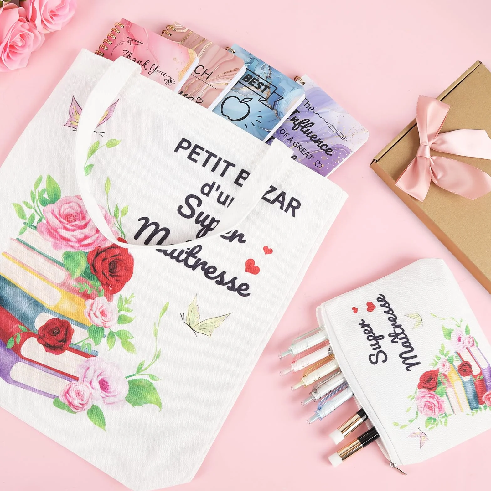 Cadeau Maîtresse d'École Fin d'Année avec Tote Bag Sac de Papeterie Boîte Cadeau Personnalisé