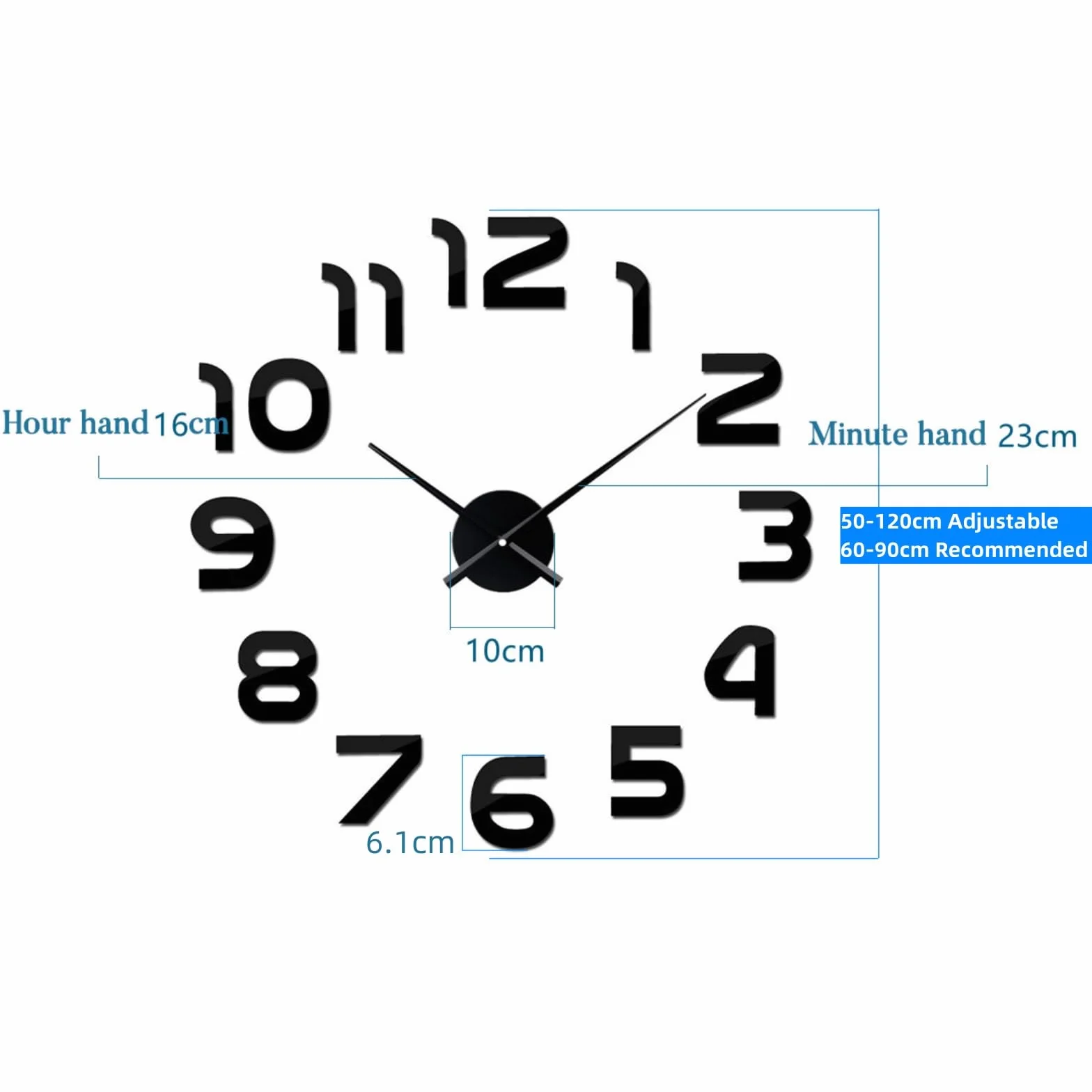 Horloge Murale 3D Miroir Autocollant Métal Silencieuse, Décor Moderne 60-90 cm Noir