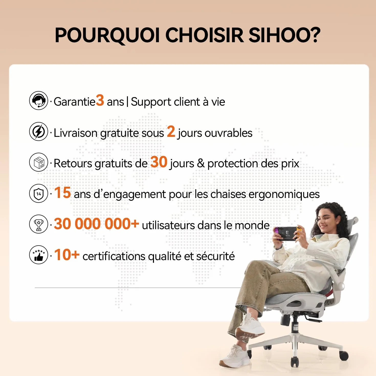 SIHOO B100 Chaise de Bureau Ergonomique Maille Respirante Support Lombaire Inclinaison 90-135° Gris Blanc