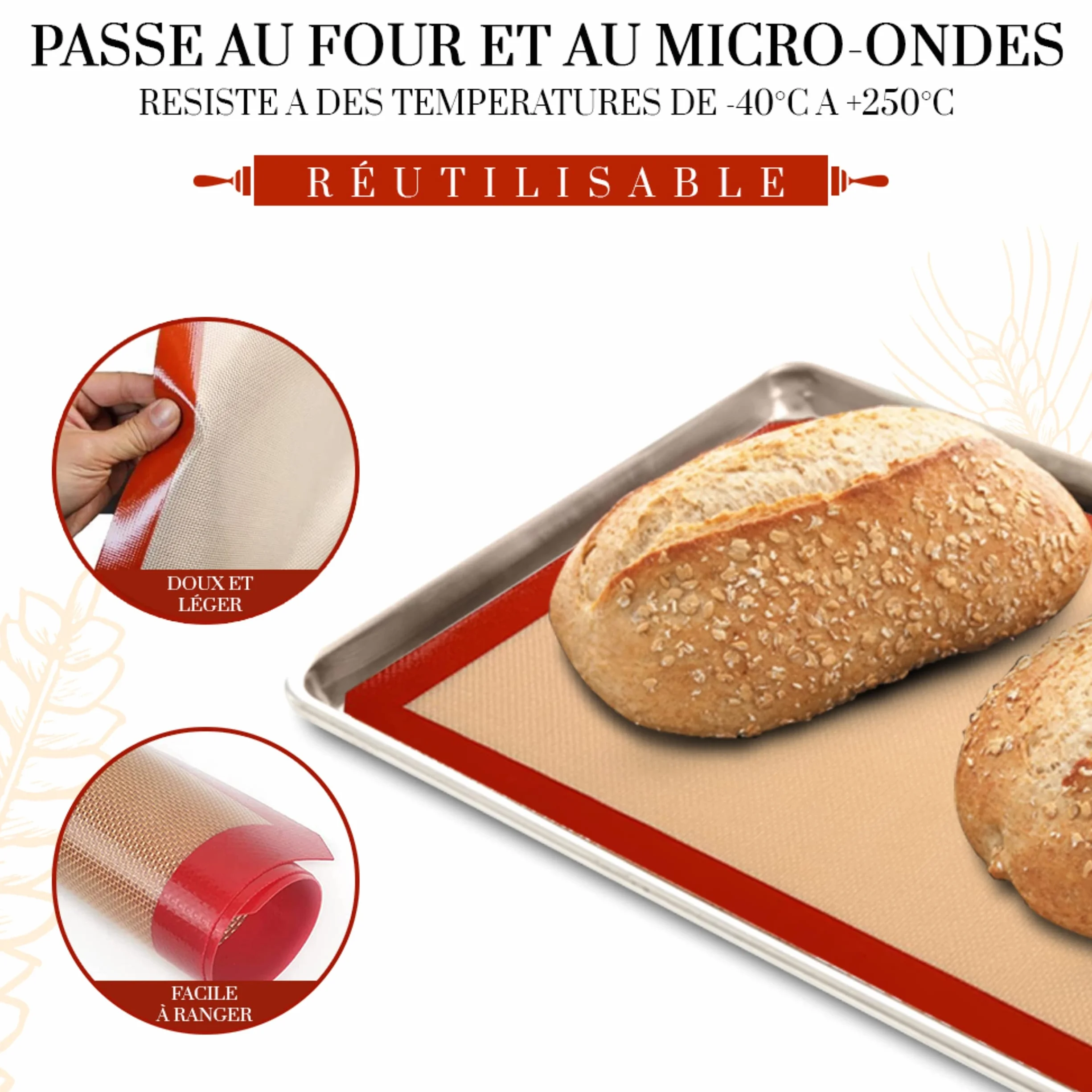 Tapis de Cuisson en Silicone Anti-Adhésif 30x40cm Réutilisable Passe au Lave-Vaisselle Sans BPA