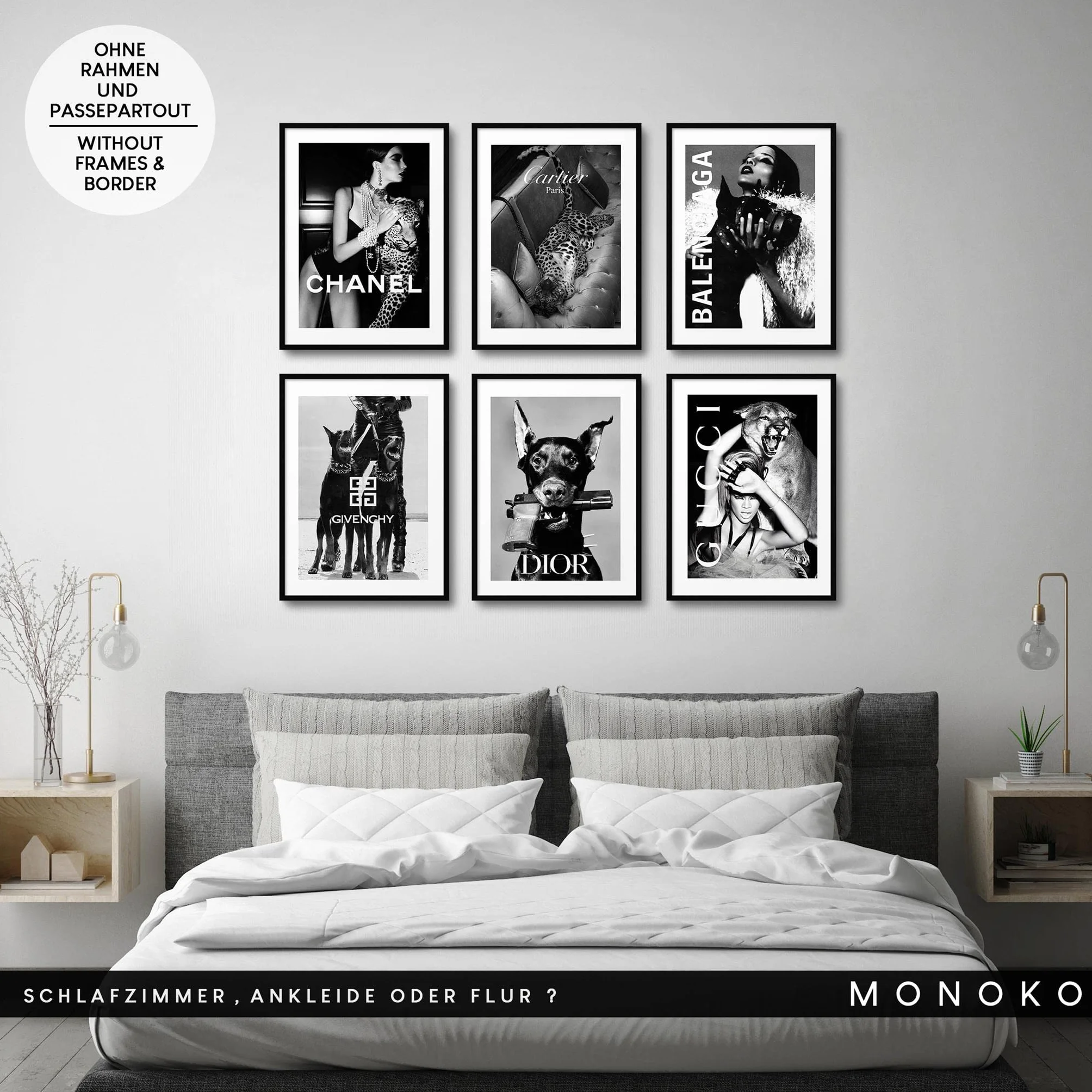 Lot de 6 posters muraux modernes Noir et blanc MONOKO® pour salon chambre à coucher A4