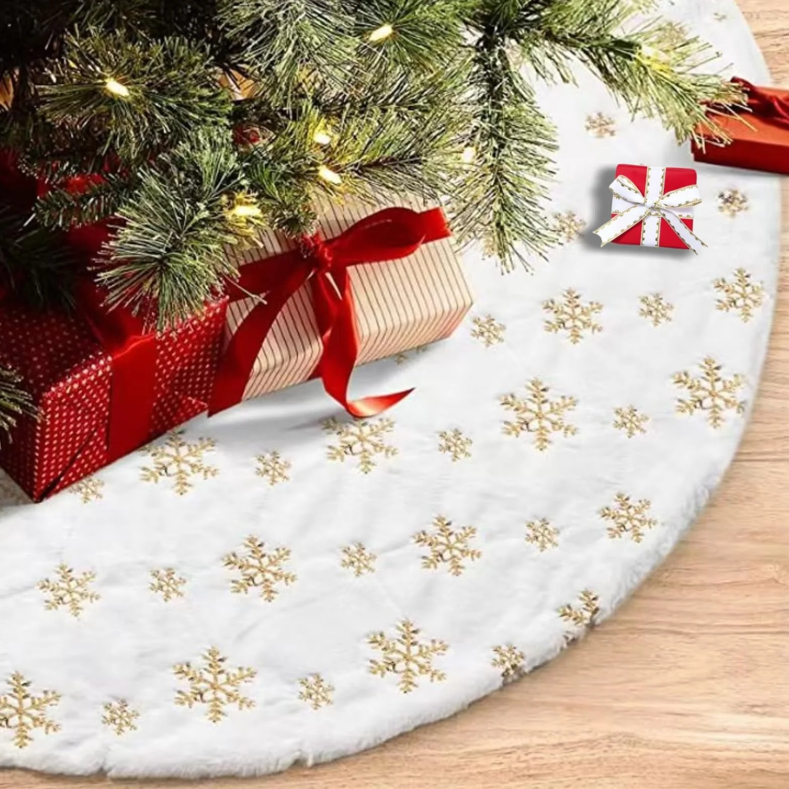 Jupe pour Sapin de Noël Or 90cm Blanche Flocon de Neige
