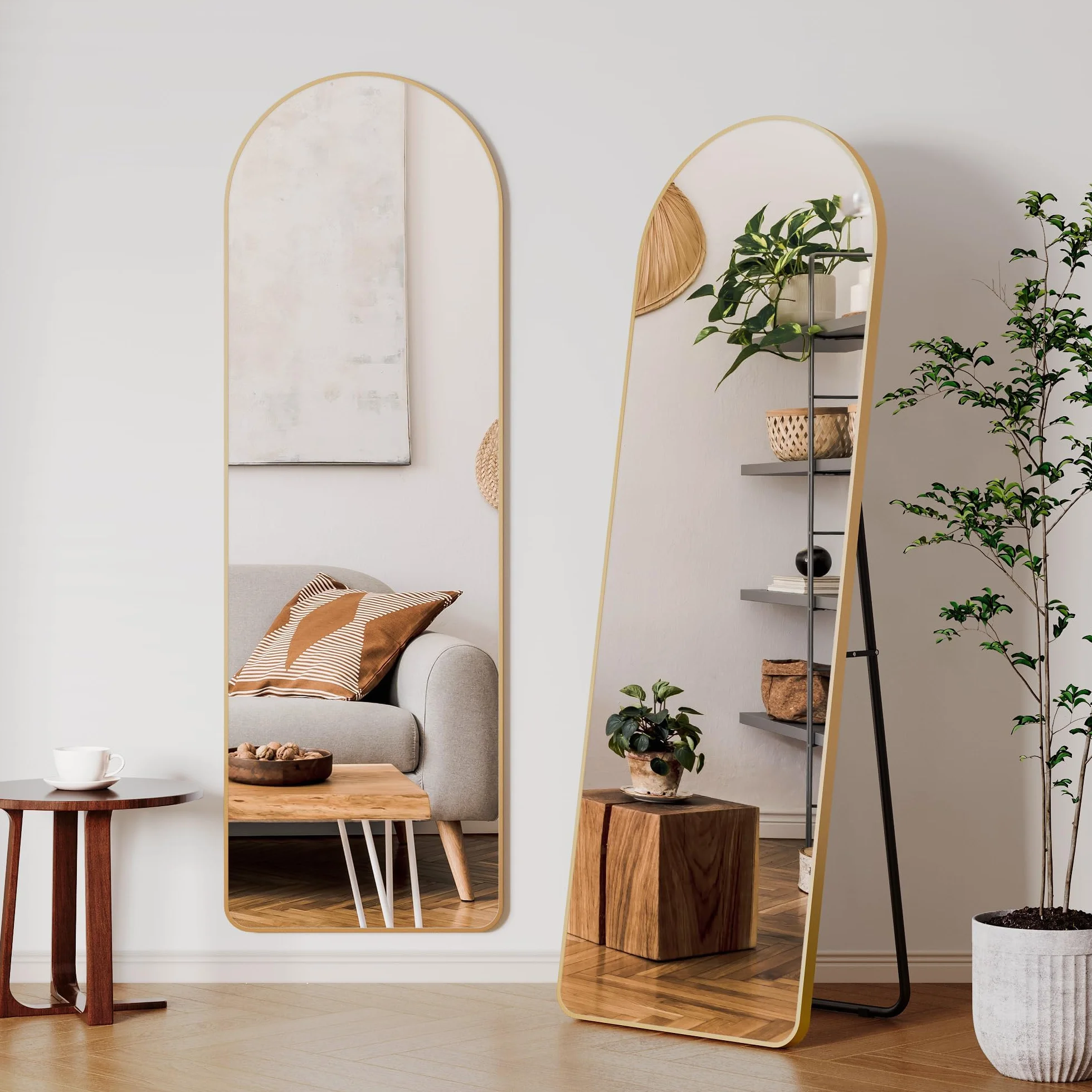 Clevich Grand Miroir sur Pied 162 x 50 cm Cadre Aluminium Support Métal Miroir Mural Arche HD Doré