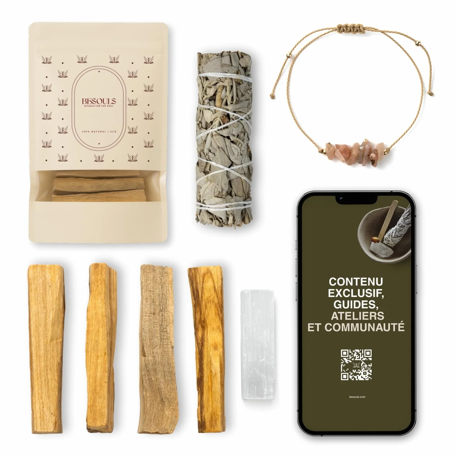 Coffret Premium Rituel Nettoyage Énergétique Palo Santo Purification Sauge Blanche Bracelet Sélénite Maison