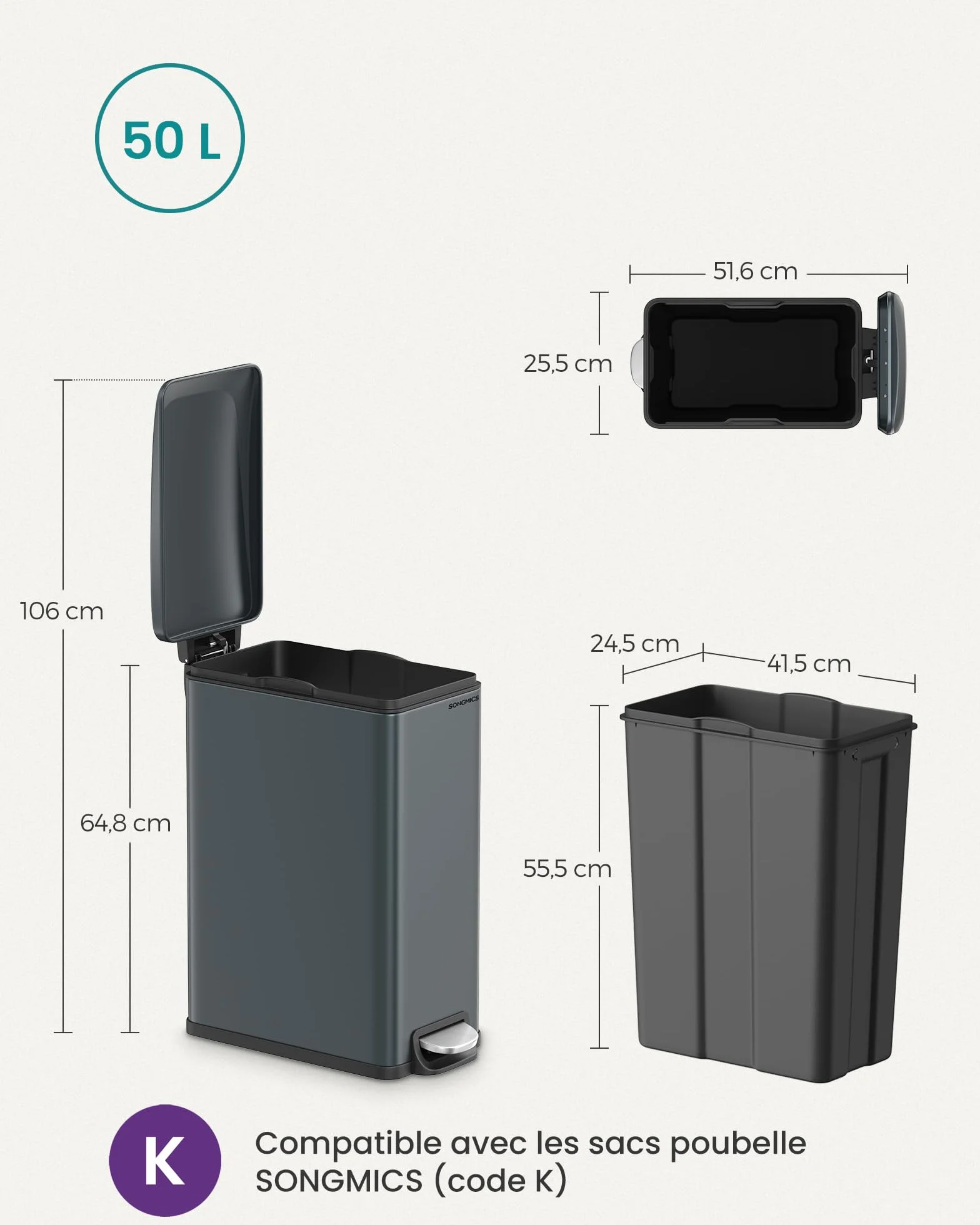 SONGMICS Poubelle de Cuisine 48L, Poubelle à Pédale, Acier, Gris Anthracite