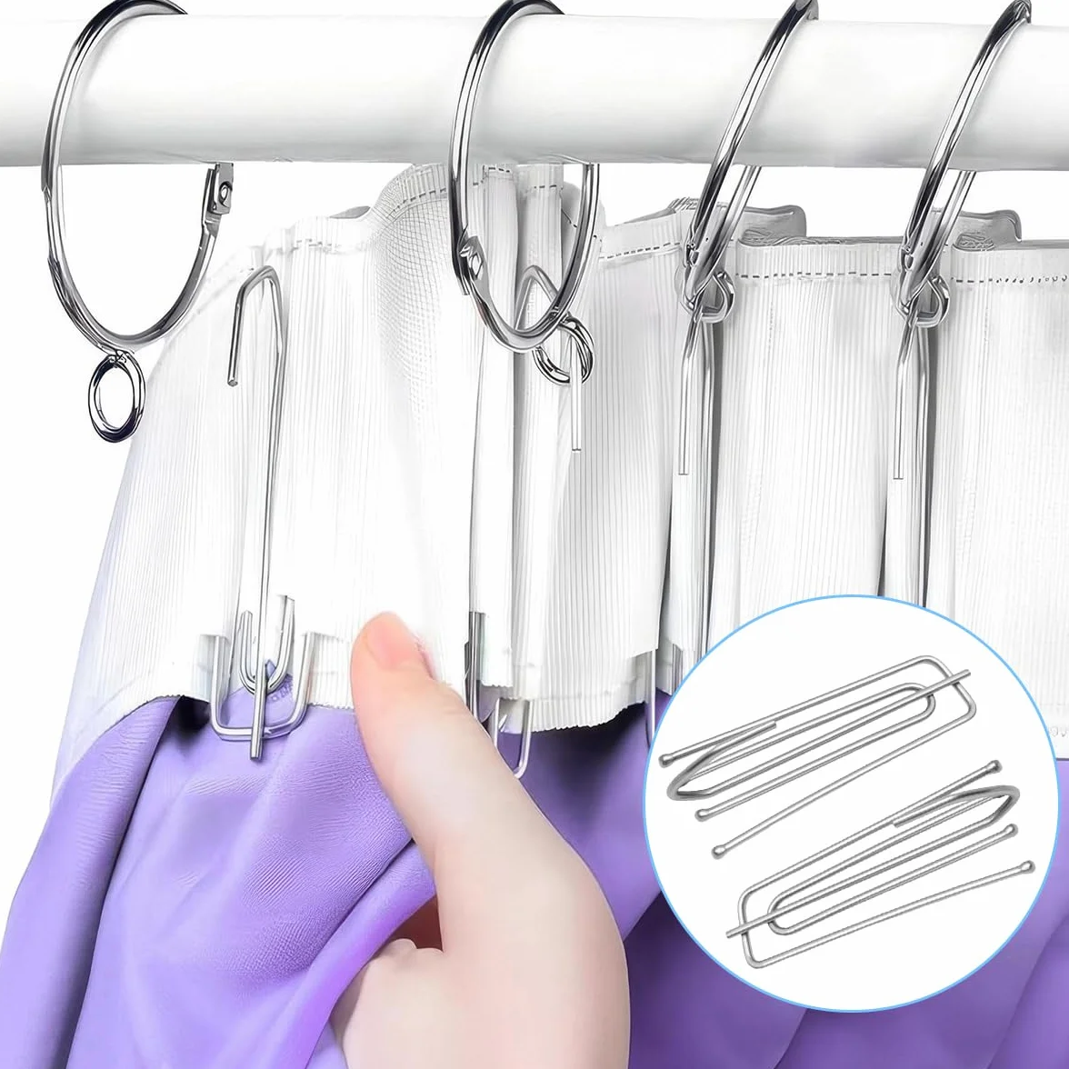 Crochets de Rideau en Acier Inoxydable 60 Pièces, Crochet Métal épais pour Rideau à Plis pincés, Porte et Douche