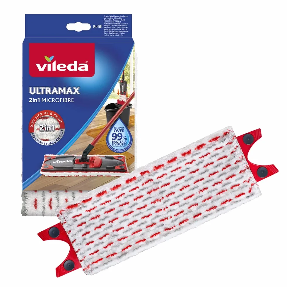 Vileda UltraMax 2en1 Serpillière Microfibre Nettoyeur Sol Performant Fibres Rouges Grises Balai Plat 1.2 Spray