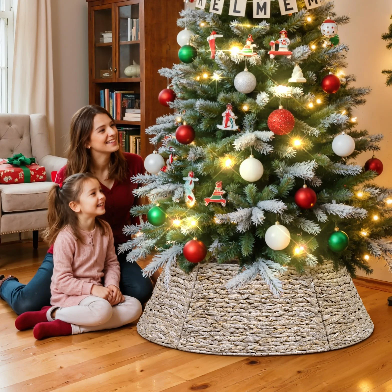 Rotin Collier Sapin Noël 61 cm, Housse Décorative Cache Base Pied Jupe Vannerie Christmas Tree Collar Blanc