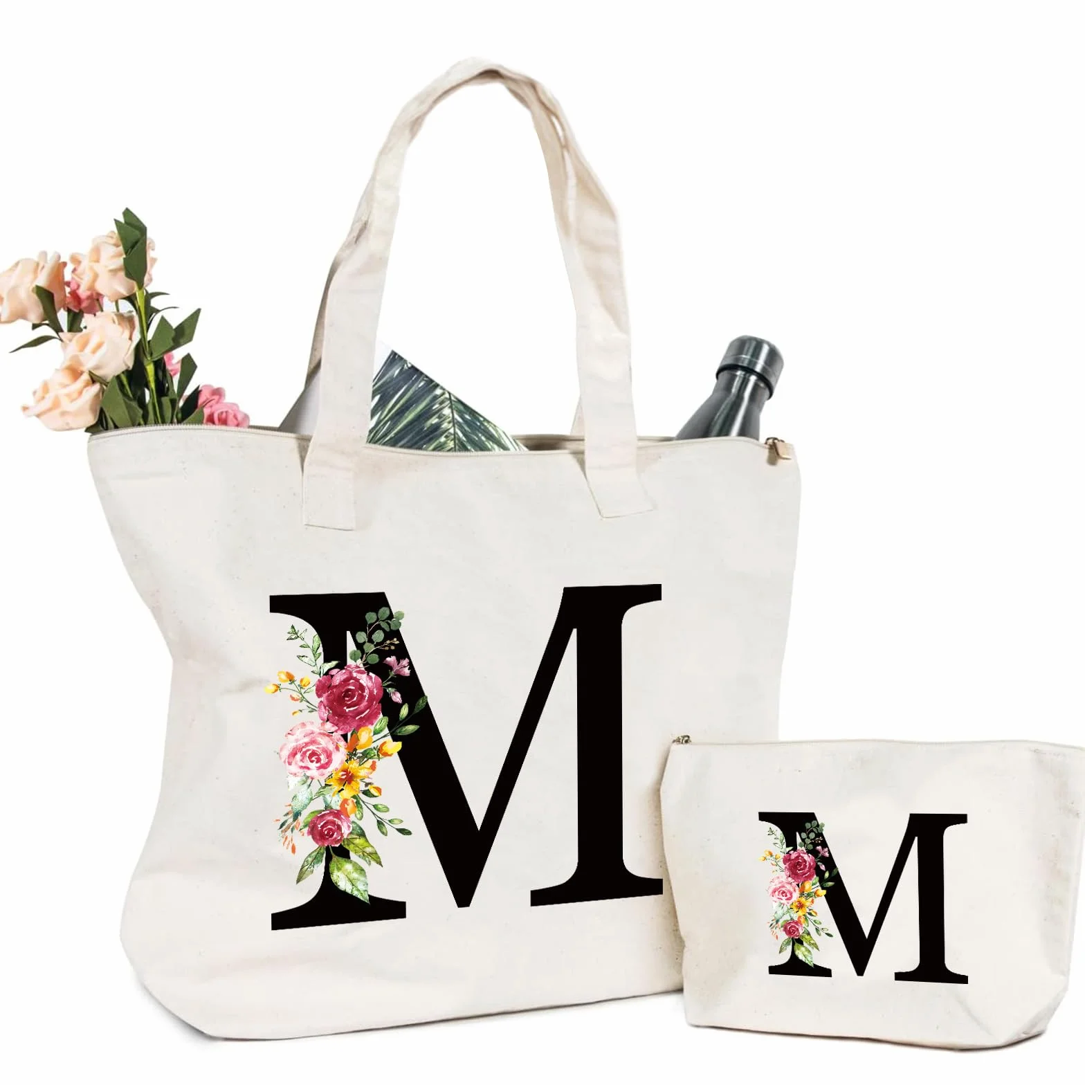 Sac Fourre-Tout en Toile Tote Bag Personnalisé avec Initiale Fleur pour Femme