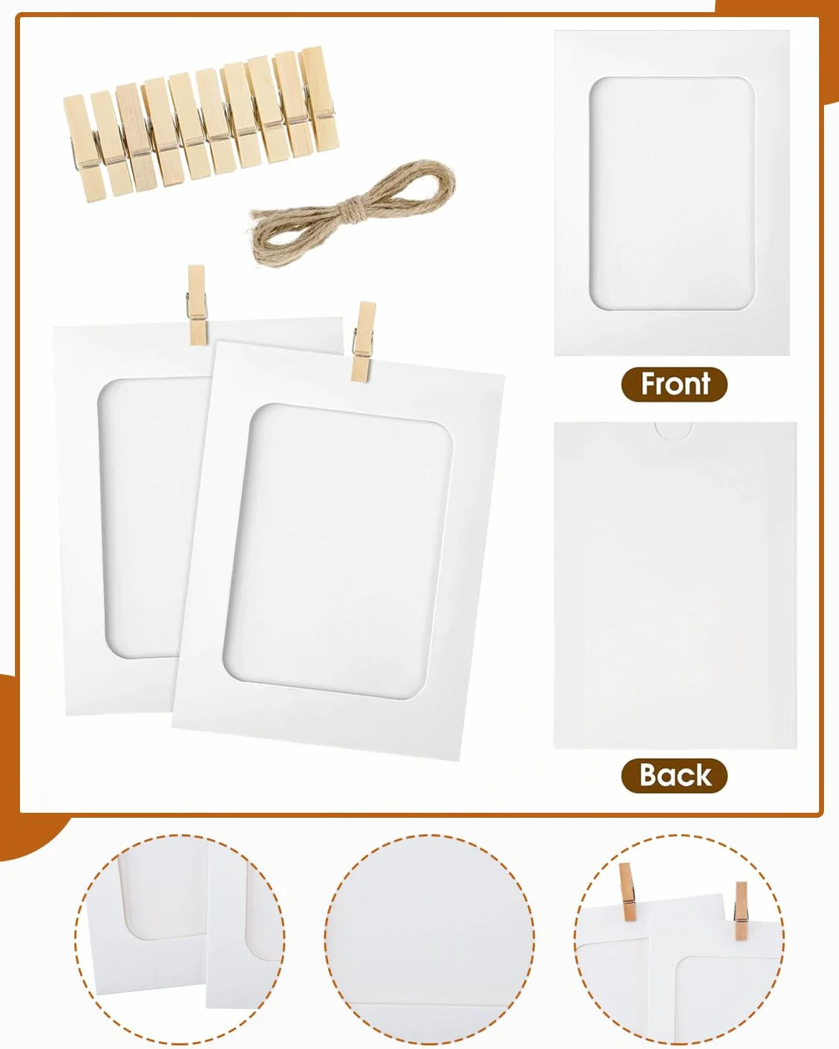 Cadres Photo en Papier 20pcs DIY Mini Clips en Bois Cordes en Chanvre Décoration Murale Maison