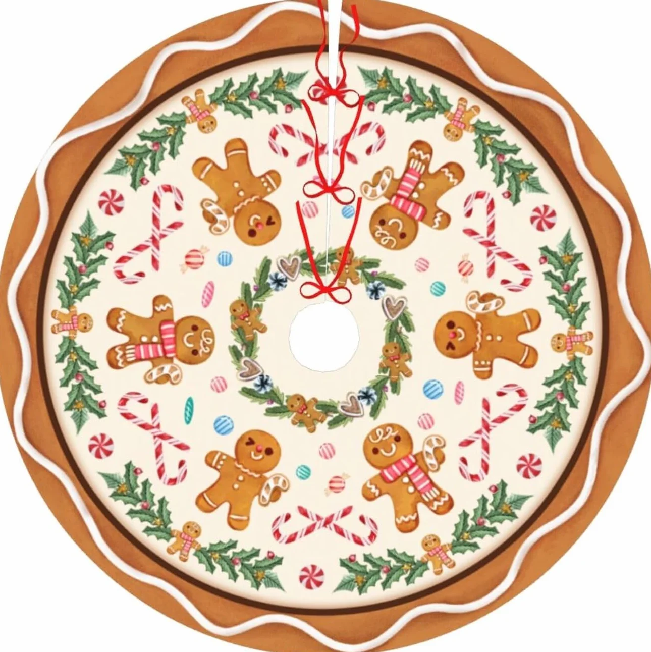 Jupe de Sapin de Noël 120 cm Bonhomme en Pain d'épice Corde Rouge
