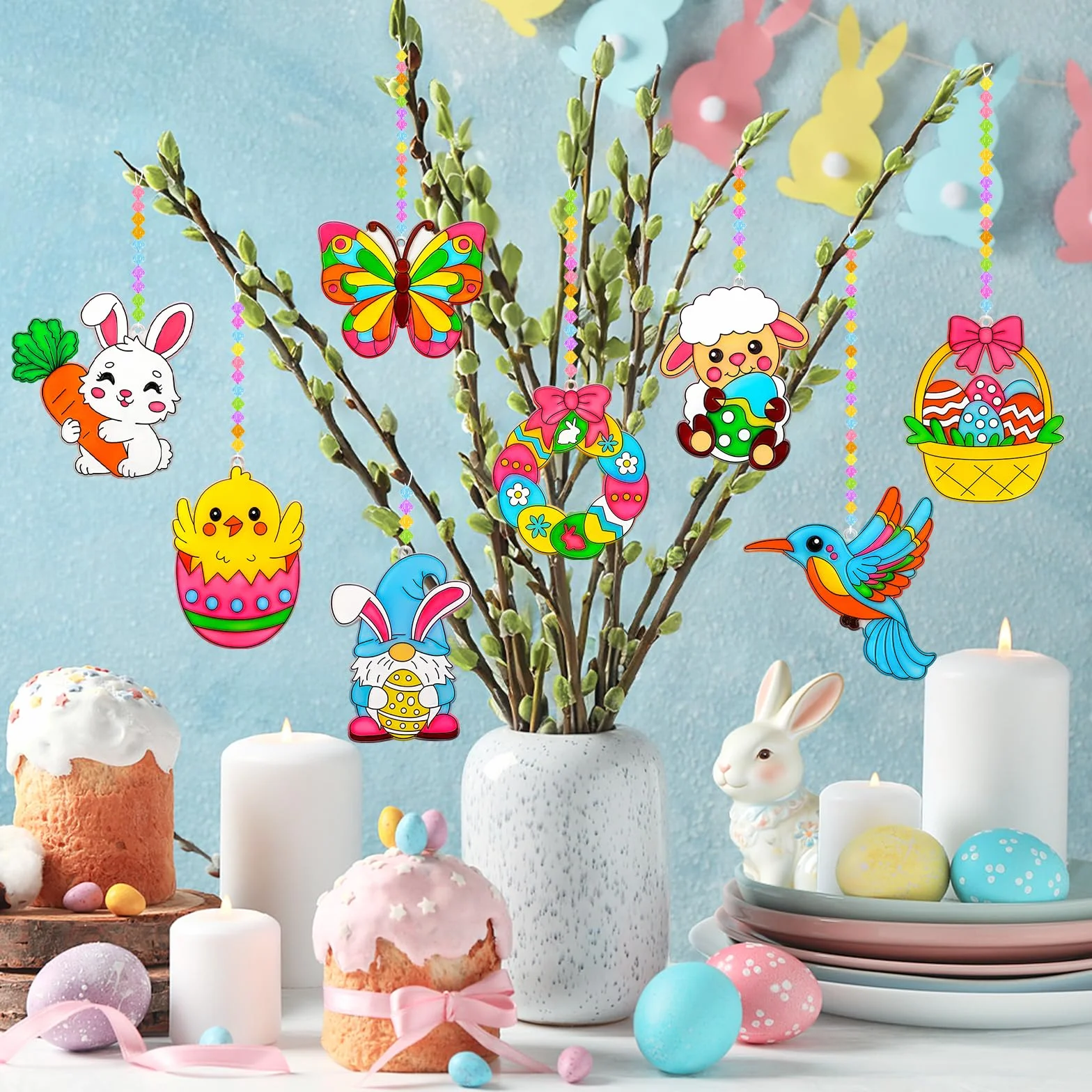 Kit de 24 Décorations Pâques à Suspendre, œufs Lapin Poulet Papillon Oiseaux à Peindre, Attrape-soleil Pendentif Fenêtre
