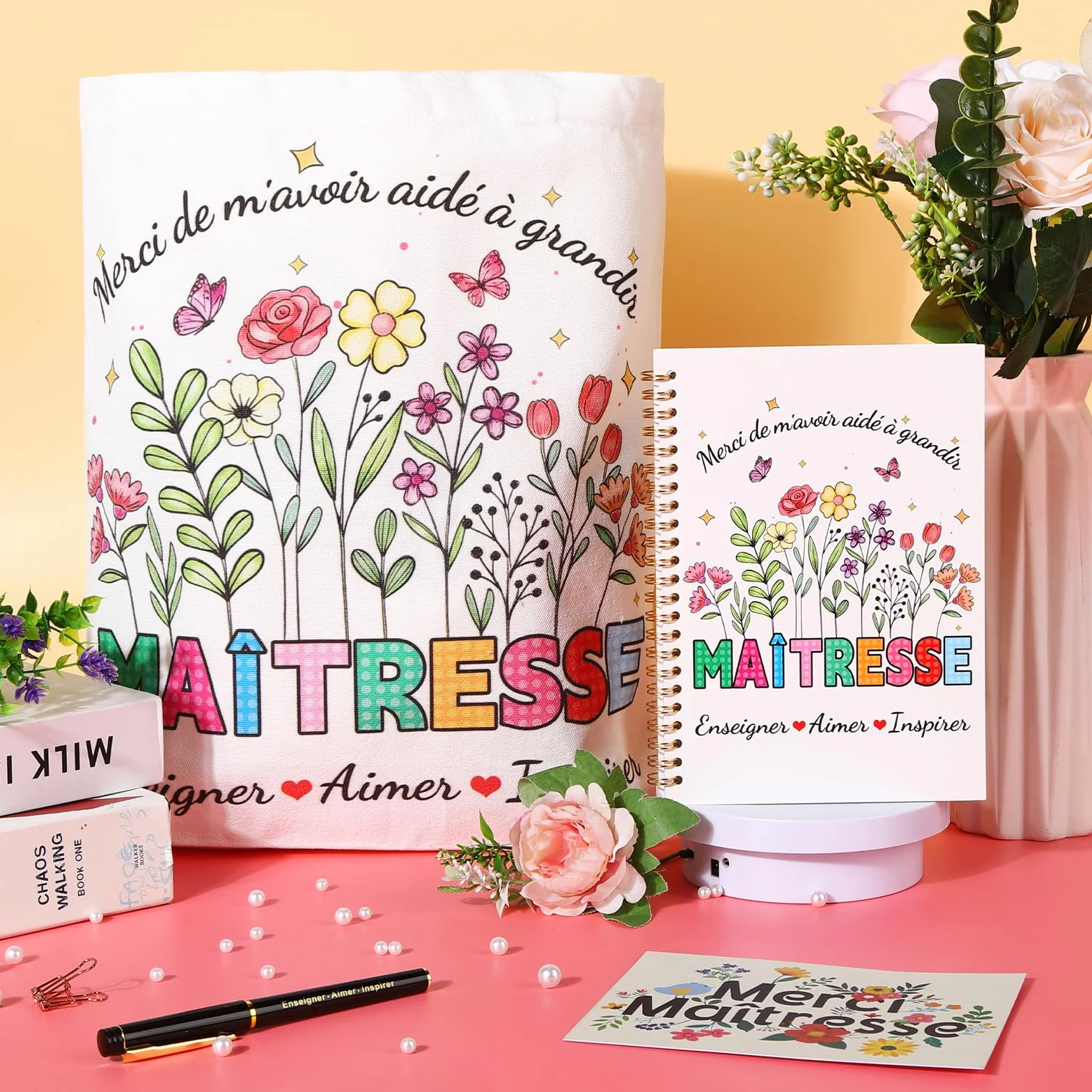 Echehi Cadeau Maitresse d'École Fin d'Année, Avec Tote Bag, Carnet A5, Stylo