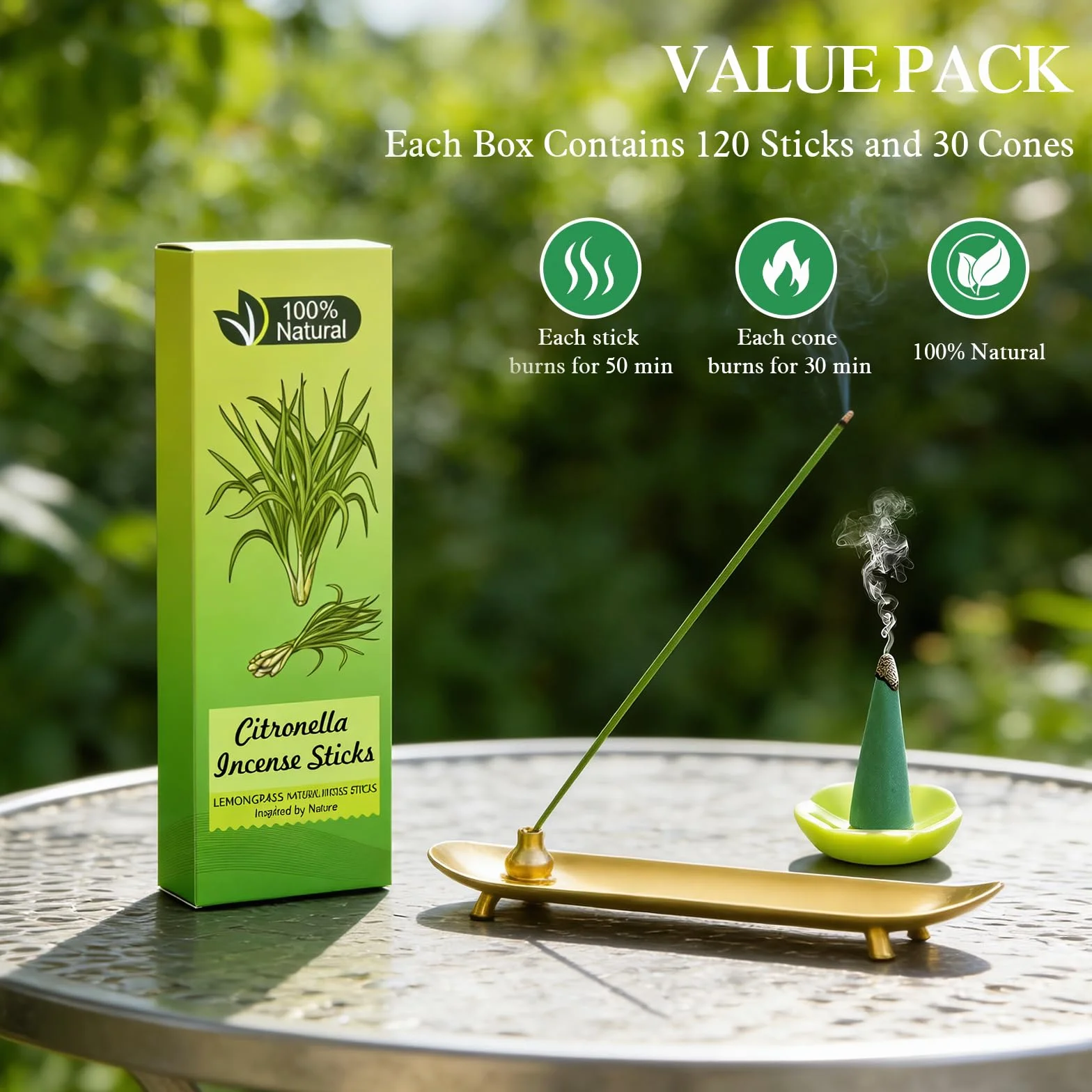 Pack de 120 Bâtonnets d'Encens à la Citronnelle + 30 Cônes avec 2 Porte-encens – Naturel pour Terrasse, Jardin