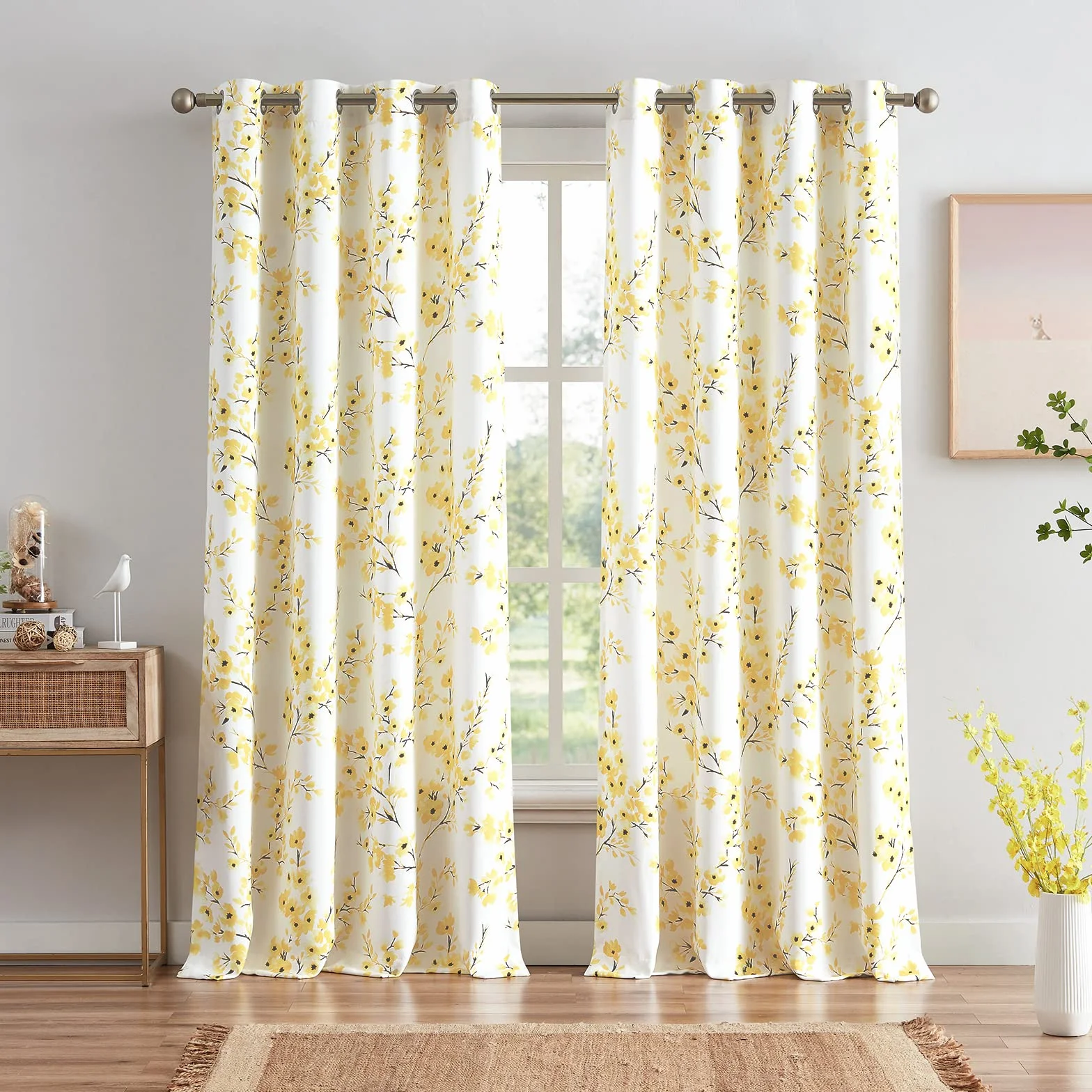 Melodieux Lot de 2 Rideaux à œillets décoratifs à Motif Floral de 160 cm pour Salon, Jaune Abricot, 132 x 160 cm
