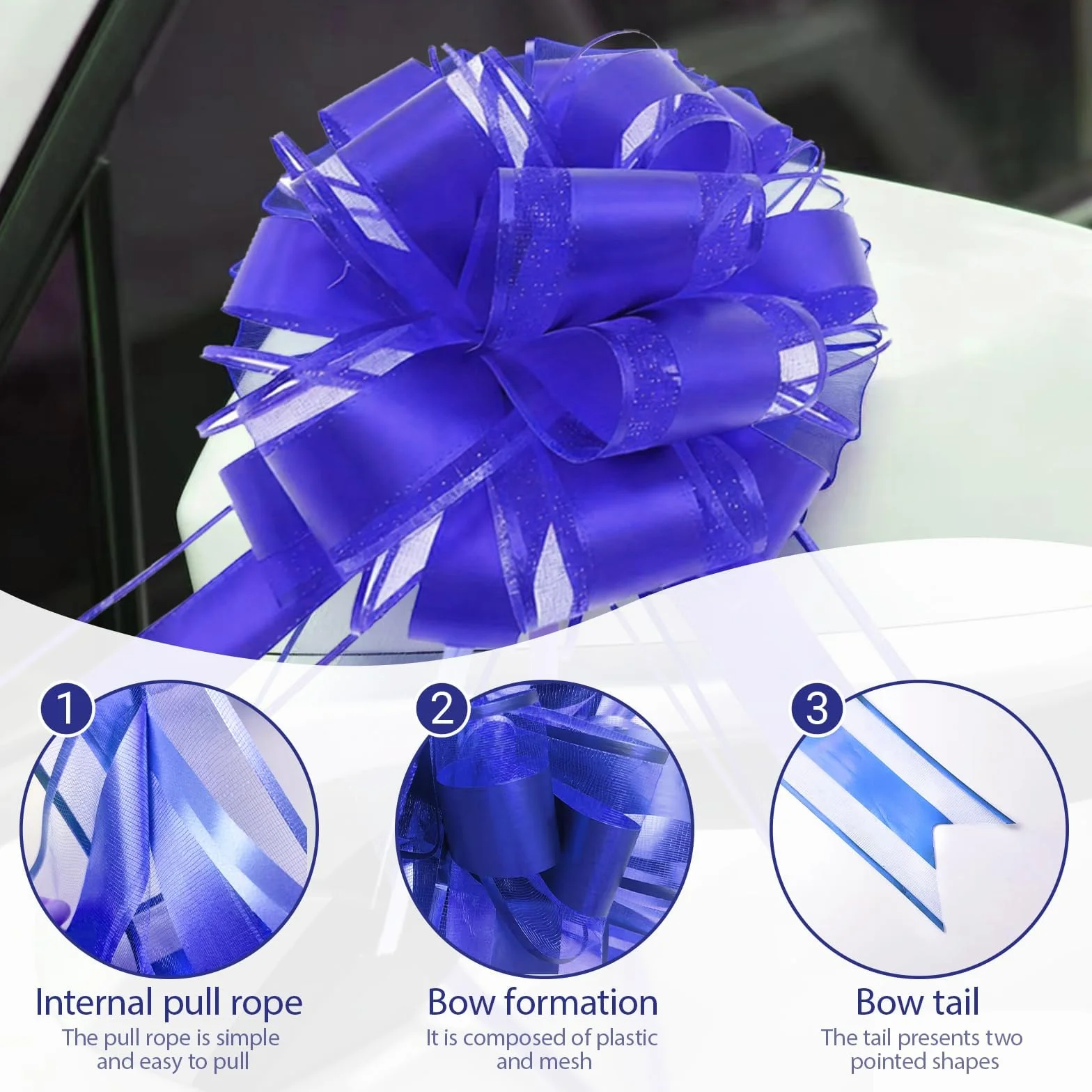 Nœud Cadeau Bleu Grand 25cm - Ruban à Tirer Manuellement pour Emballage Mariage Anniversaire Noël