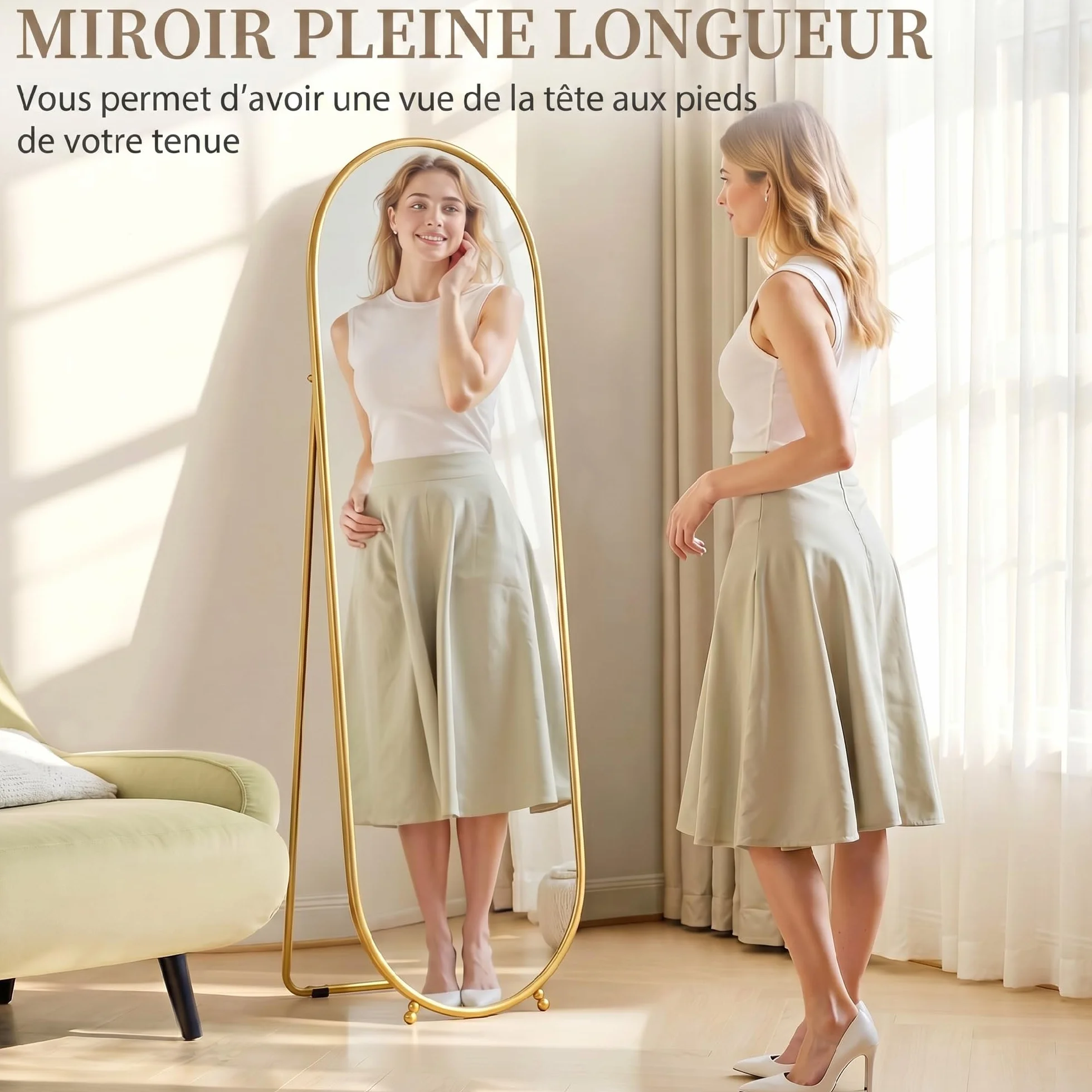 HOMCOM Grand Miroir sur Pied Ovale Cadre en métal doré 40 x 160 cm