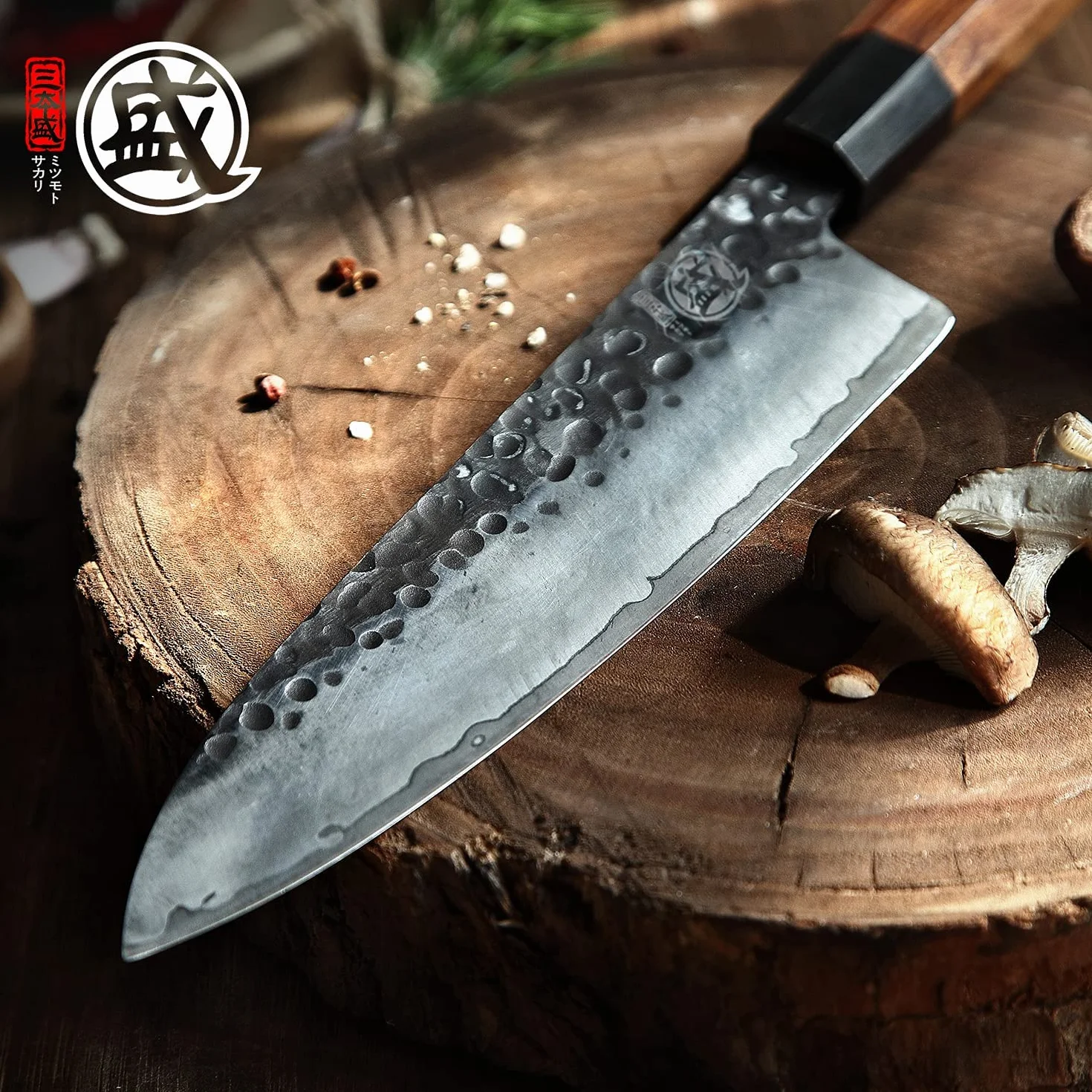 MITSUMOTO SAKARI Couteau Japonais 22 cm Gyuto Forgé à la Main Acier Haute Carbone Manche Bois de Rose Boîte Bois