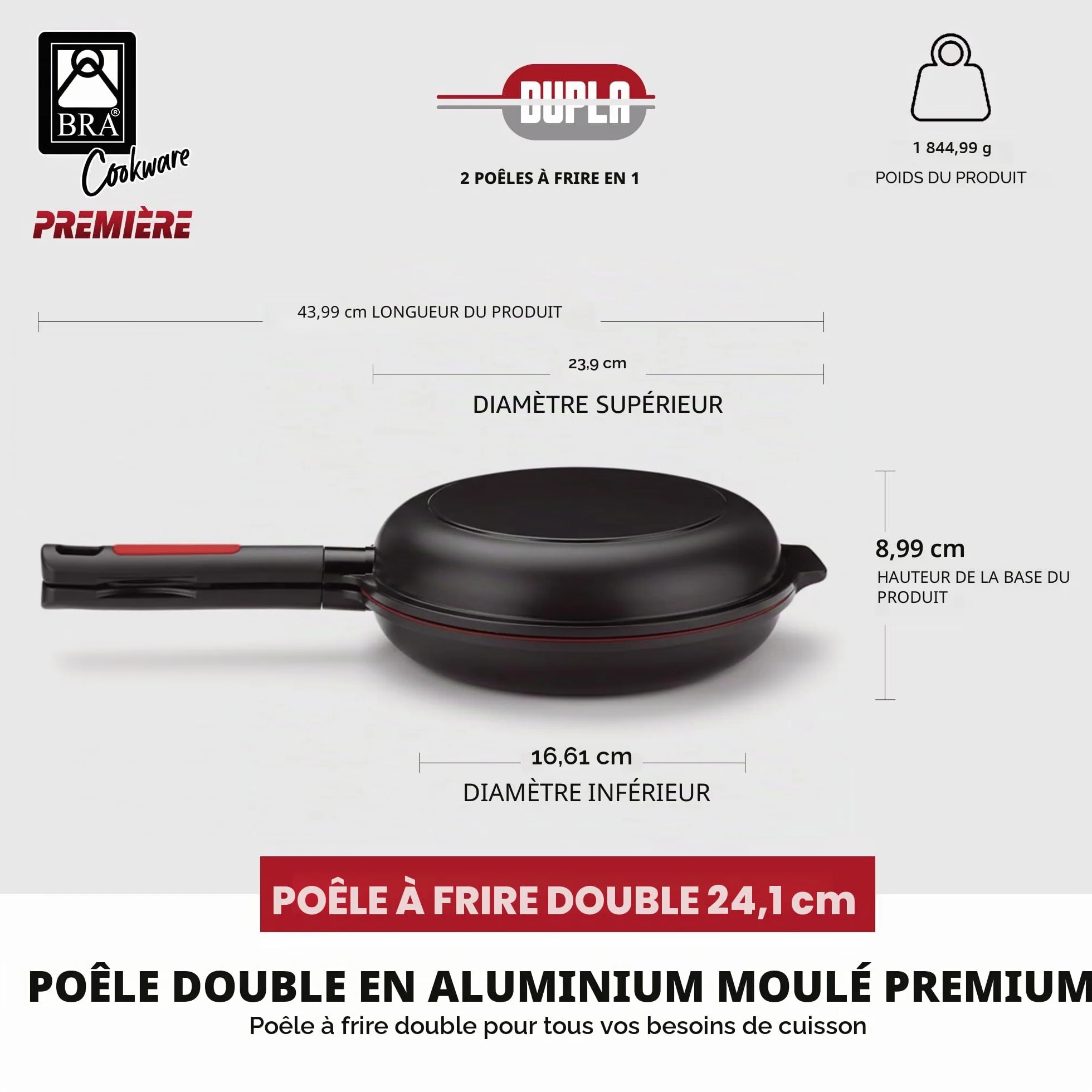 BRA Dupla Premiere Poêle Double à Omelette 24 cm, Noir, Fonte Aluminium Antiadhésif sans PFOA, Tous Feux Dont Induction