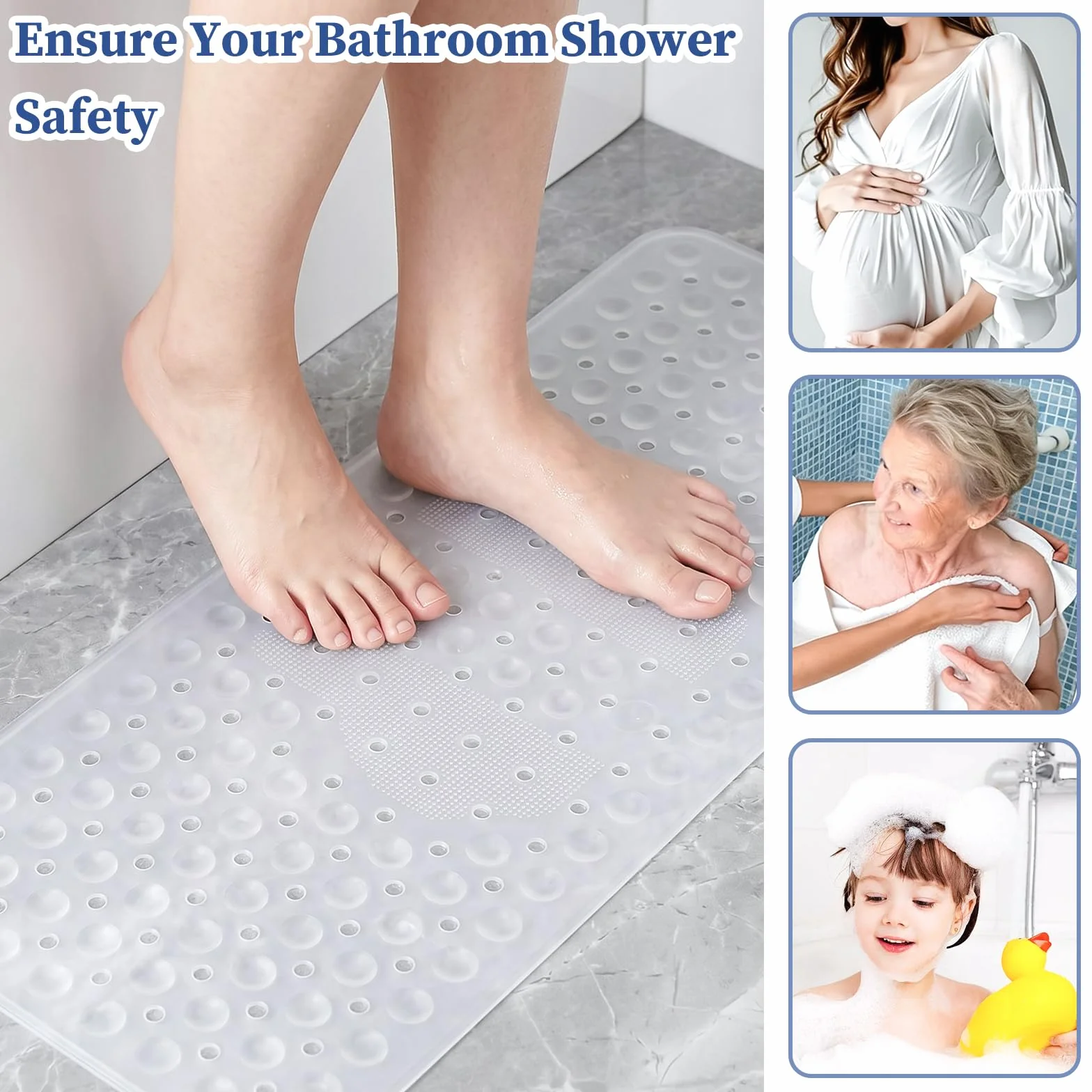 Tapis de Baignoire Antidérapant 92x40cm Silicone avec Ventouses Puissantes sans BPA Lavable en Machine