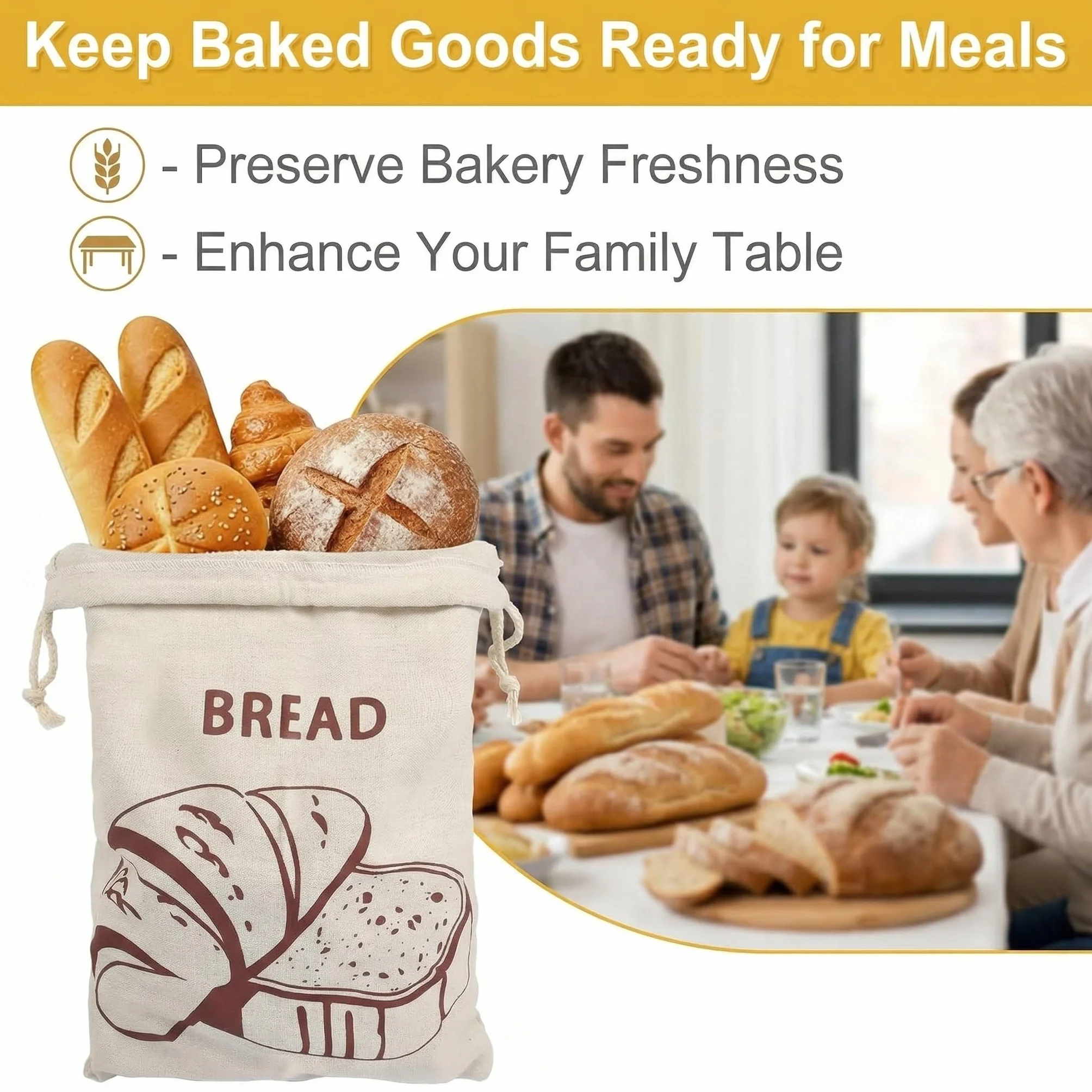 Sac à Pain Réutilisable en Tissu Lot de 2 30 x 40 cm avec Cordon de Serrage pour Baguette Fruits Stockage