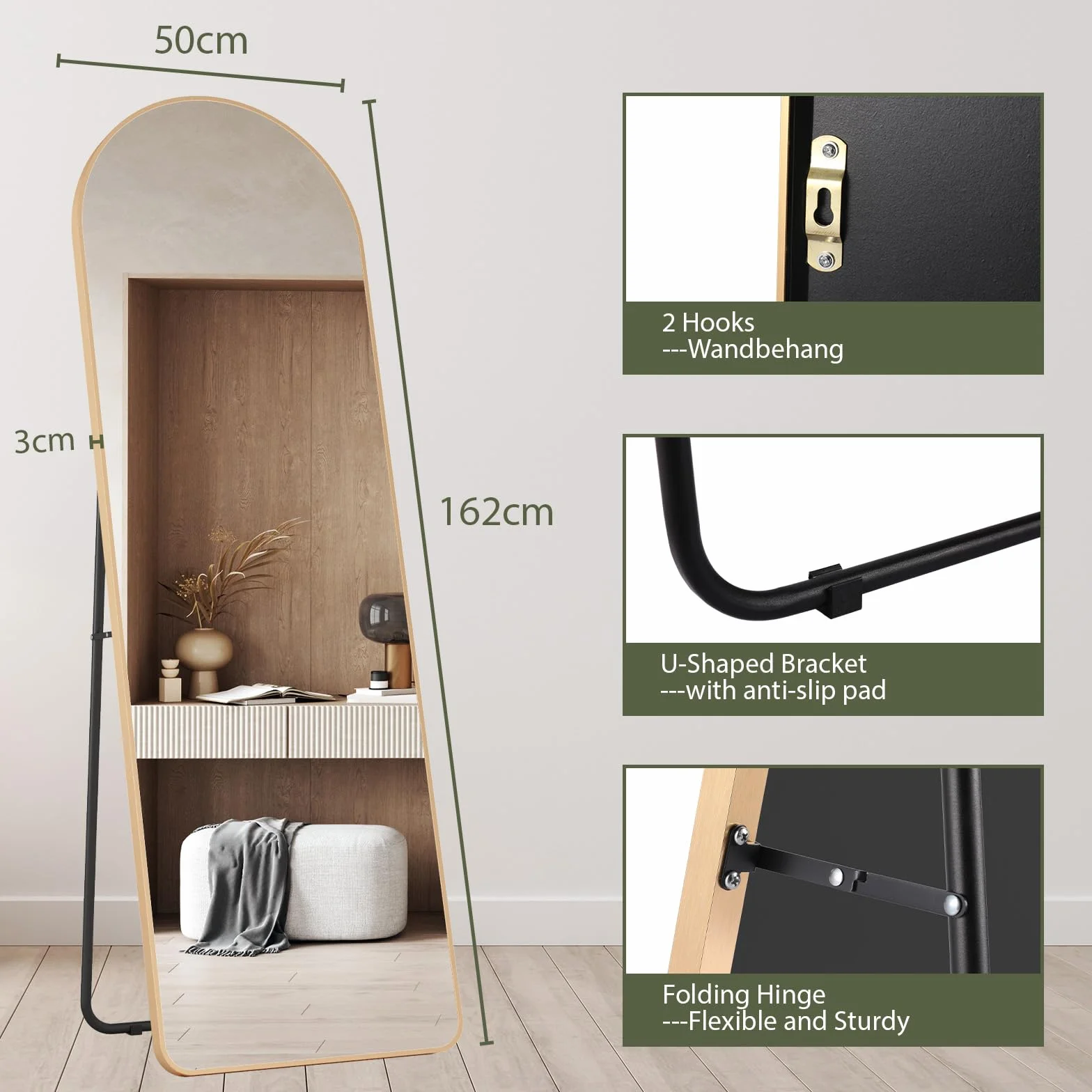 Clevich Grand Miroir sur Pied 162 x 50 cm Cadre Aluminium Support Métal Miroir Mural Arche HD Doré