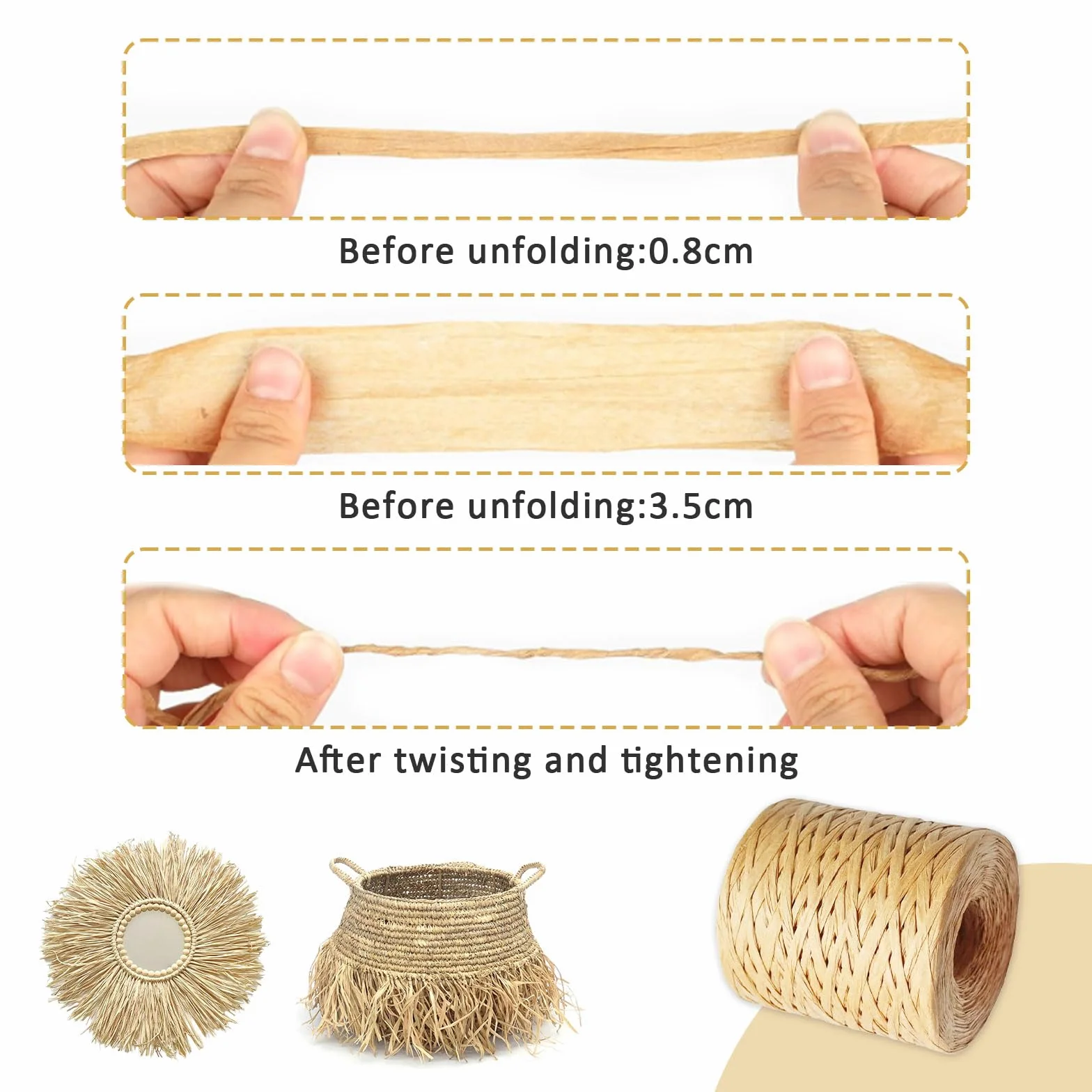 Ruban de Rafia 8mm x 400M Rouleaux de Papier Fibre Naturelle Cordon d'Emballage