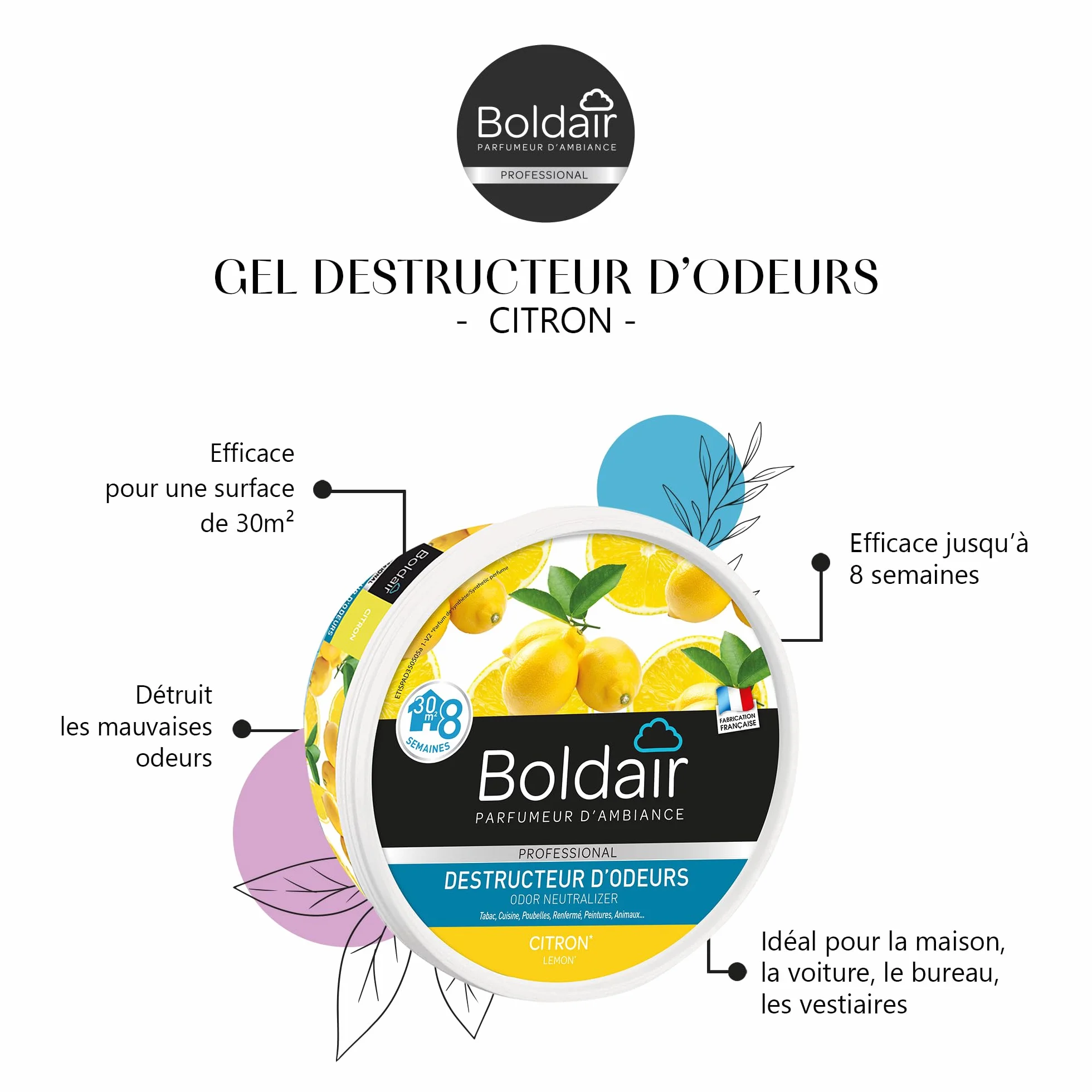 BOLDAIR Gel destructeur d'odeur Citron 300g Fabrication française
