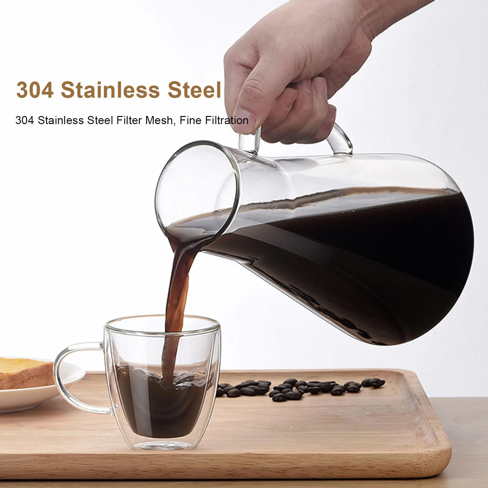 Cafetière à Infusion à Froid en Acier Inoxydable Pichet Verre Borosilicate 1600ML