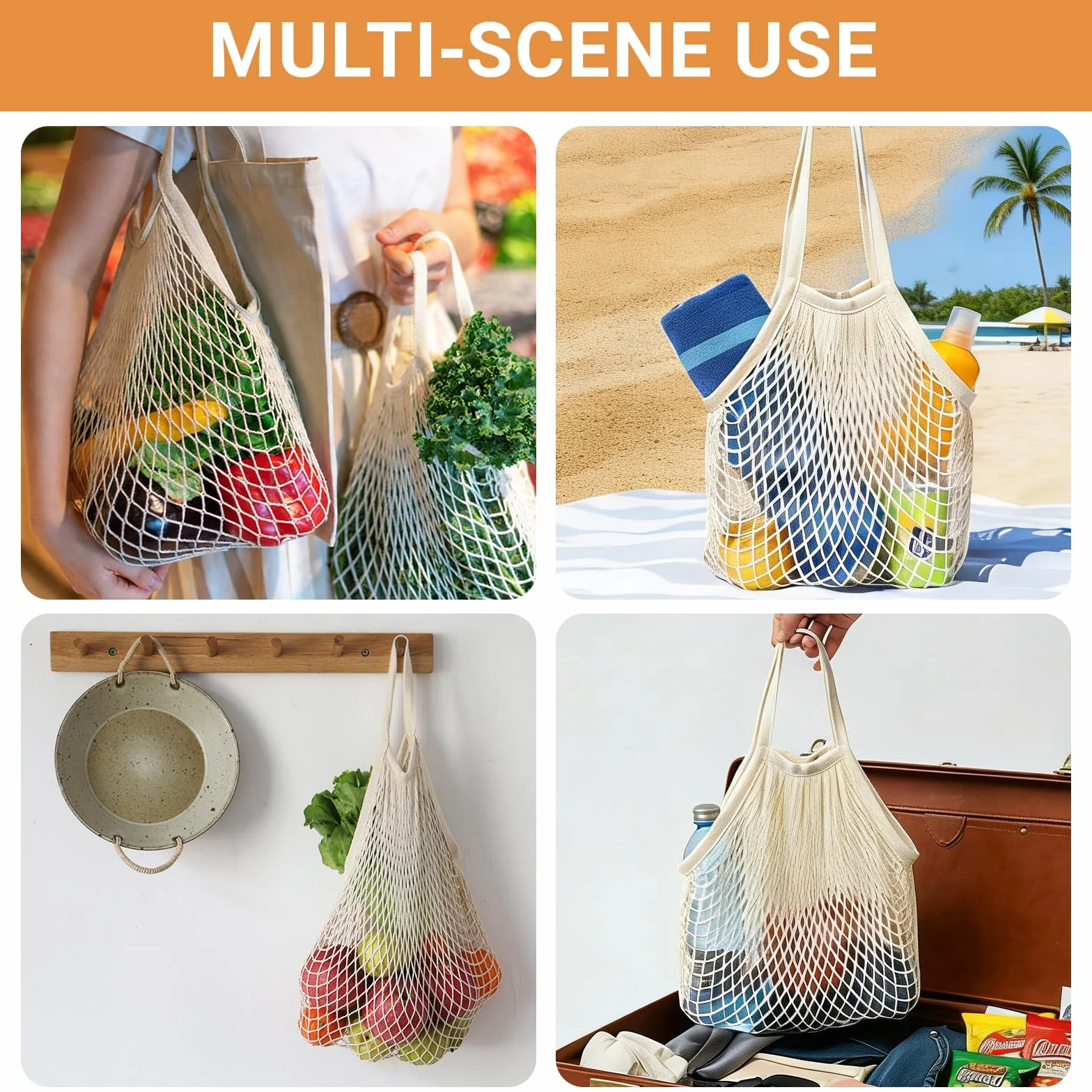 Sacs Filet Réutilisables Lot de 2, Grand Sac Anses Longues et Petit Sac Anses Courtes, Pliable pour Fruits Légumes Pain Plage